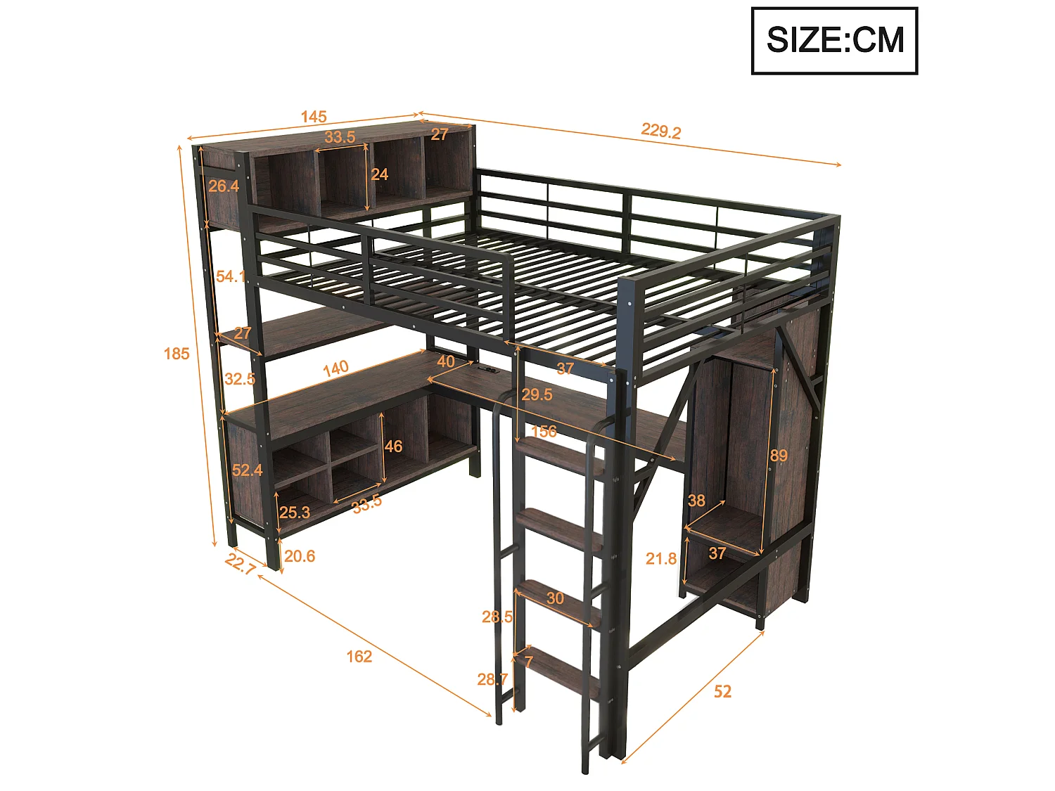 Lit mezzanine 140x200 cm en métal noir avec bureau, armoire et rangements, éclairage LED et prises EU, sans matelas