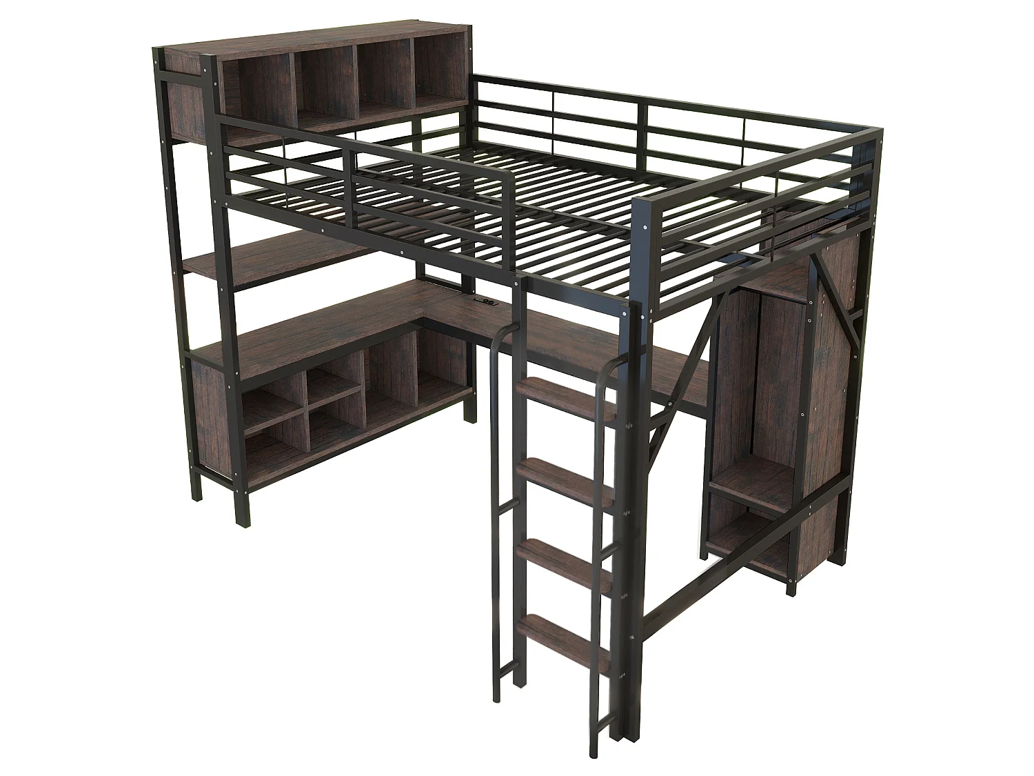 Lit mezzanine 140x200 cm en métal noir avec bureau, armoire et rangements, éclairage LED et prises EU, sans matelas