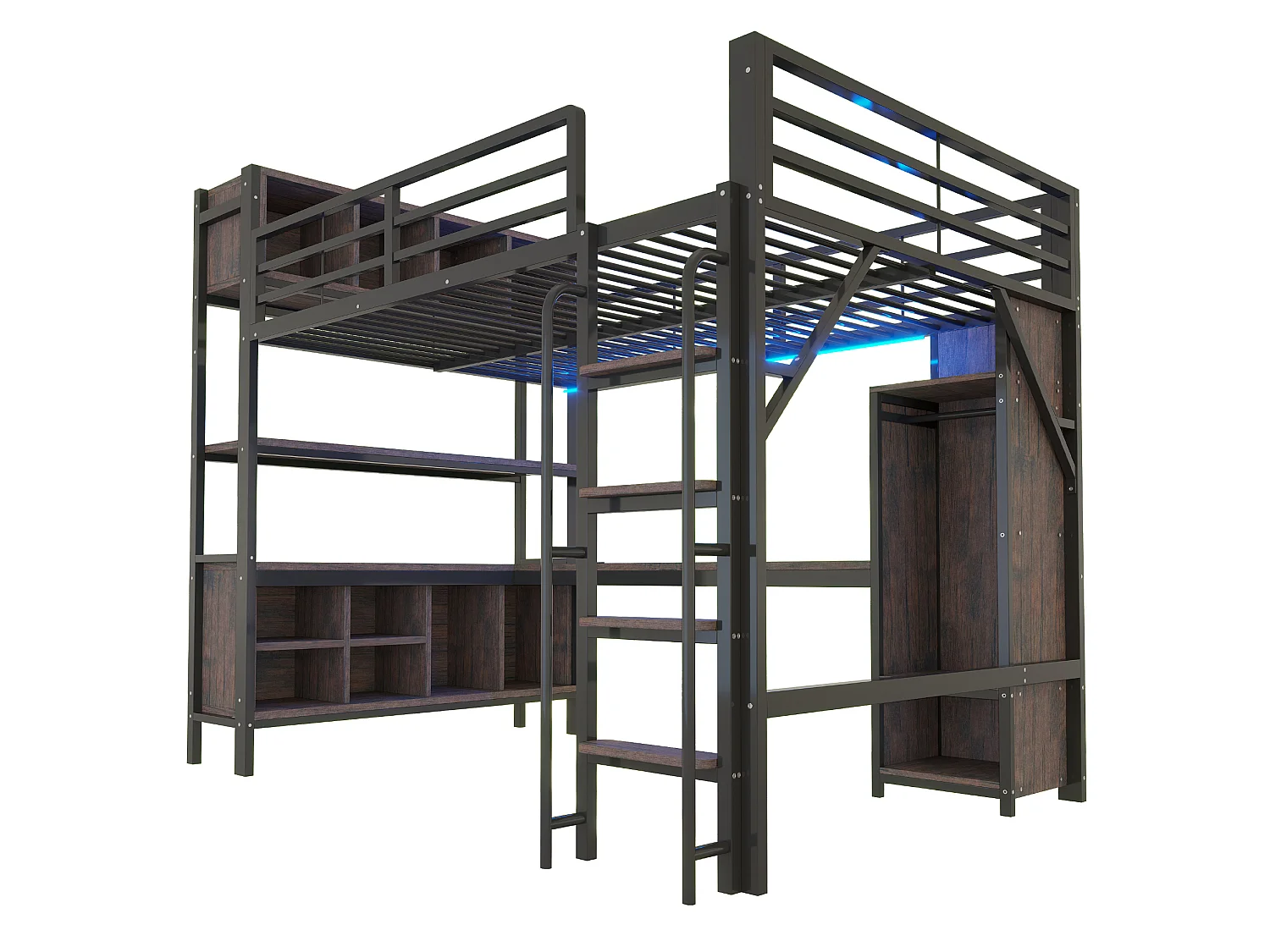 Lit mezzanine 140x200 cm en métal noir avec bureau, armoire et rangements, éclairage LED et prises EU, sans matelas