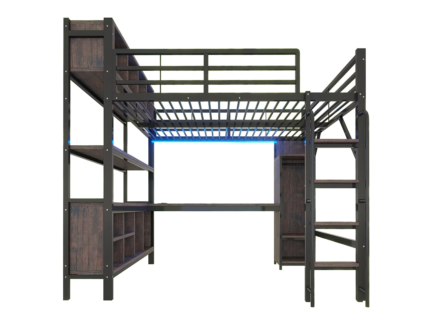 Lit mezzanine 140x200 cm en métal noir avec bureau, armoire et rangements, éclairage LED et prises EU, sans matelas