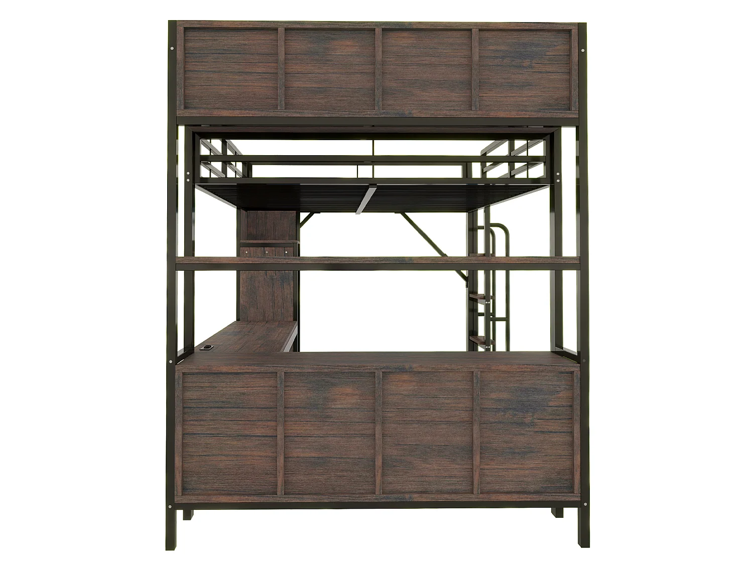 Lit mezzanine 140x200 cm en métal noir avec bureau, armoire et rangements, éclairage LED et prises EU, sans matelas