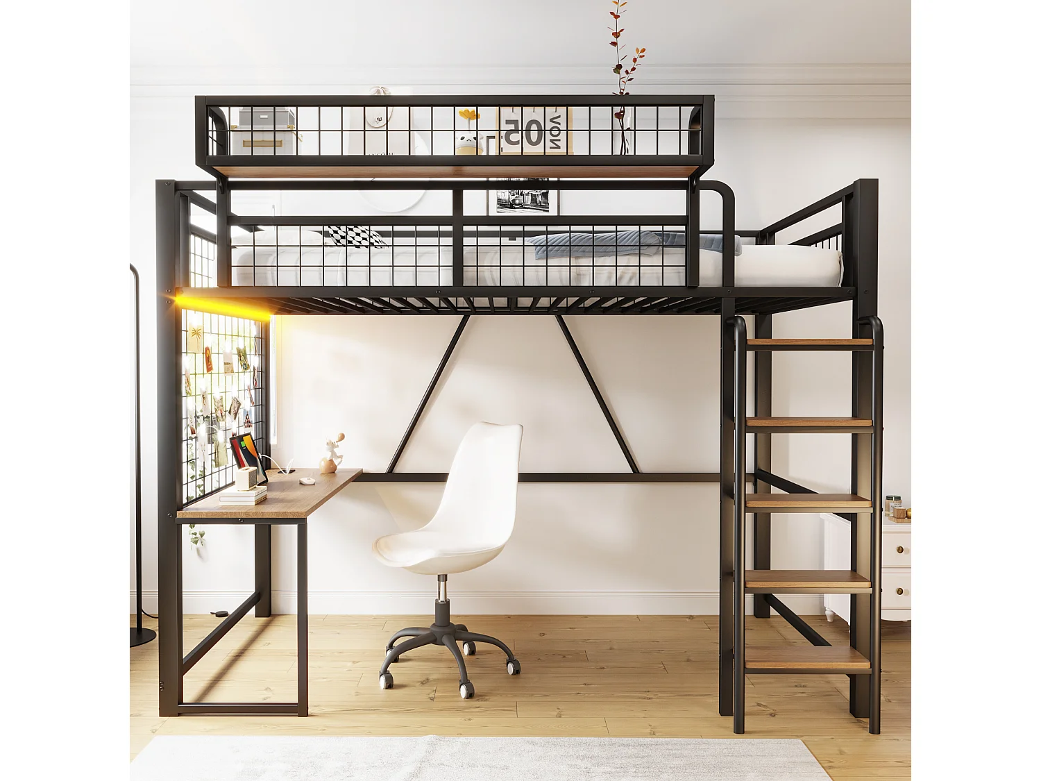 Lit mezzanine 90x200 cm en métal noir avec bureau, LED et prise, échelle et filet de rangement, sans matelas
