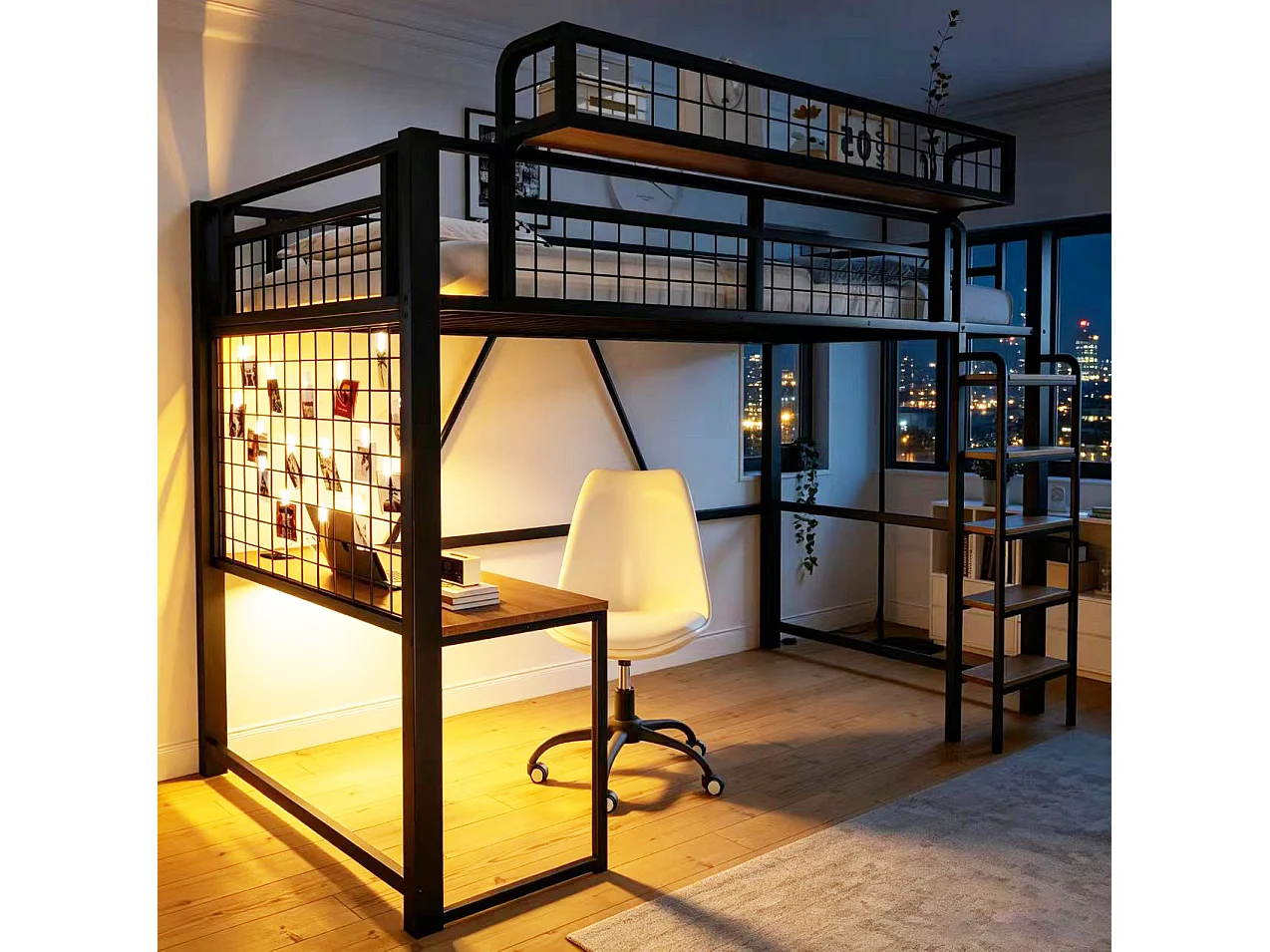 Lit mezzanine 90x200 cm en métal noir avec bureau, LED et prise, échelle et filet de rangement, sans matelas