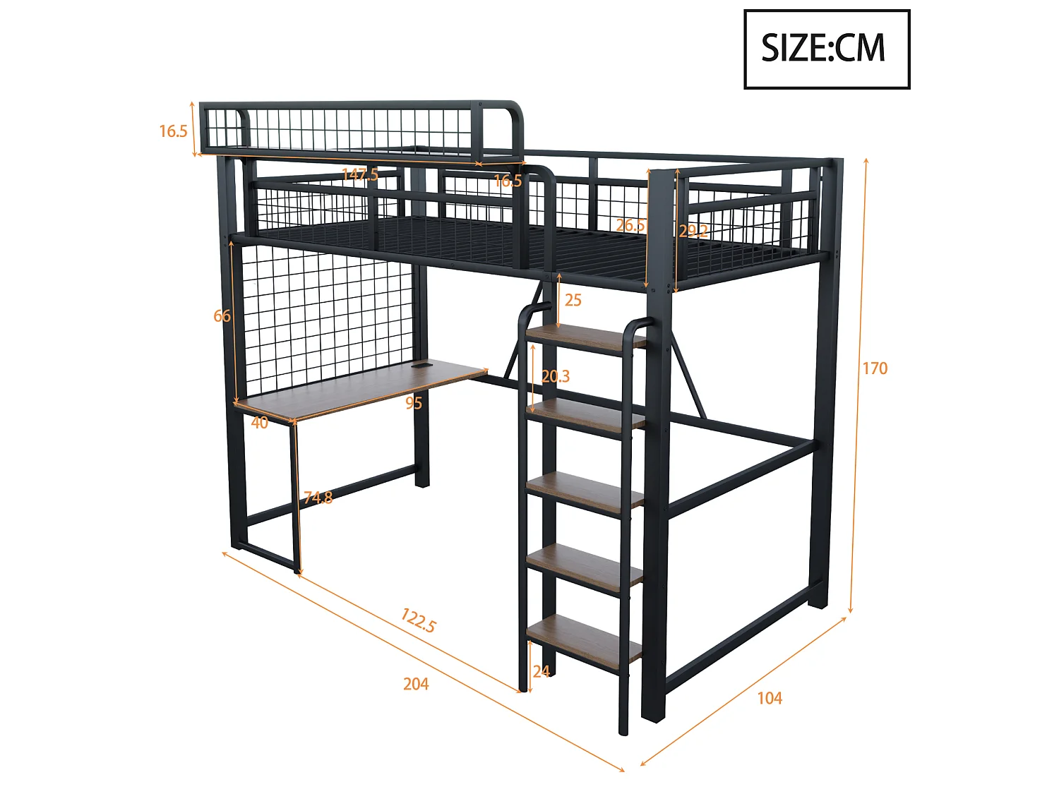 Lit mezzanine 90x200 cm en métal noir avec bureau, LED et prise, échelle et filet de rangement, sans matelas