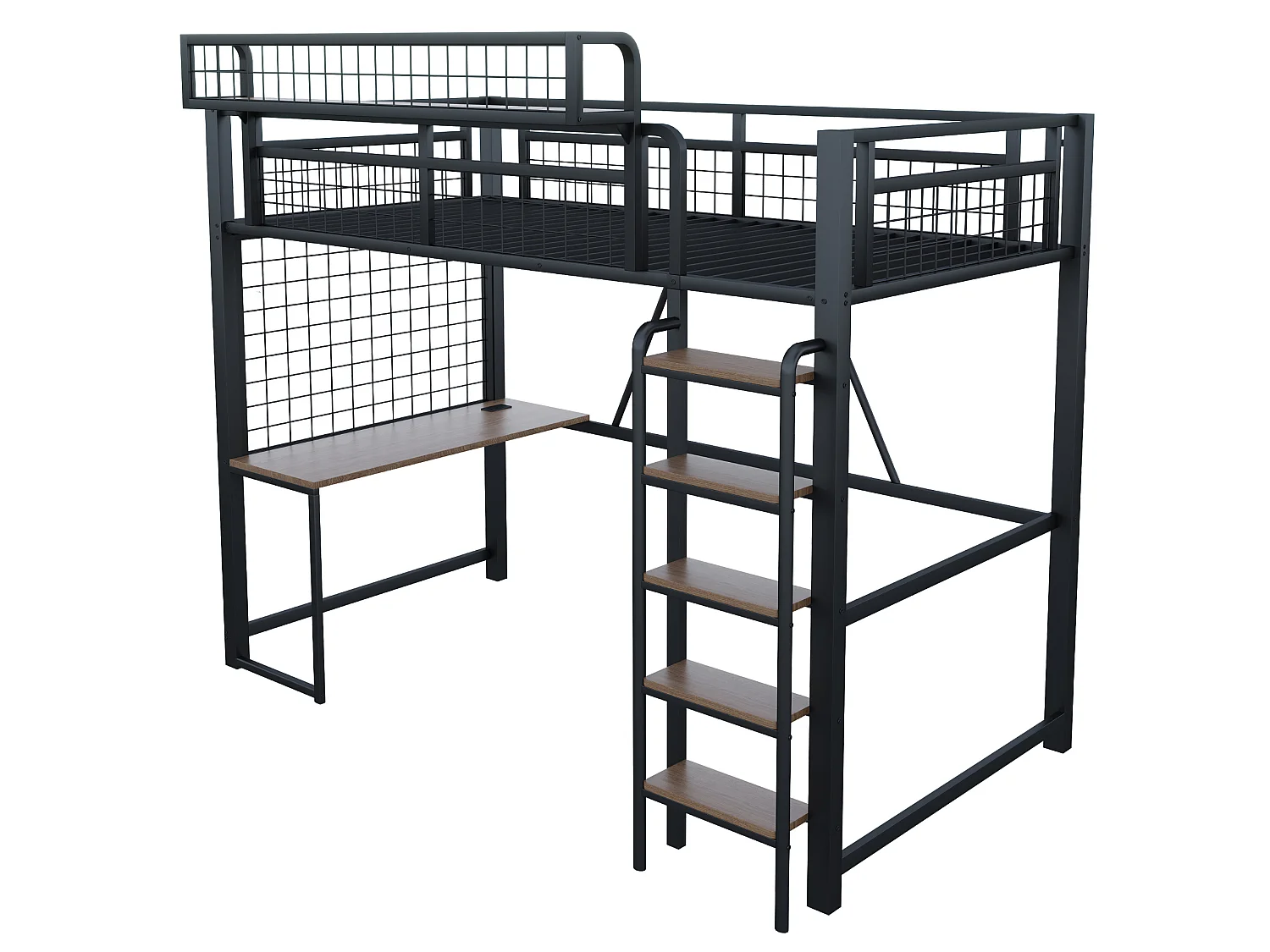 Lit mezzanine 90x200 cm en métal noir avec bureau, LED et prise, échelle et filet de rangement, sans matelas