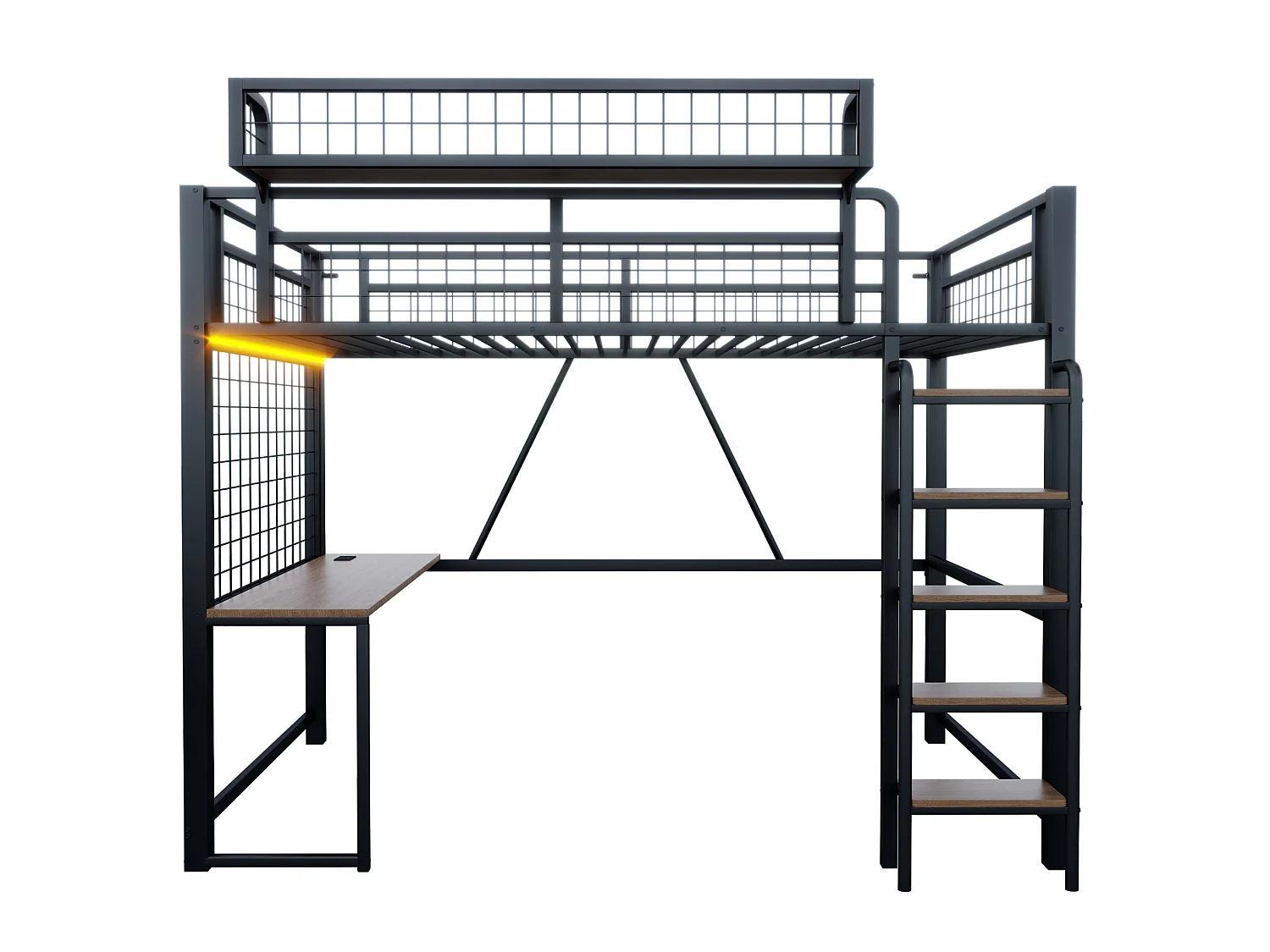 Lit mezzanine 90x200 cm en métal noir avec bureau, LED et prise, échelle et filet de rangement, sans matelas