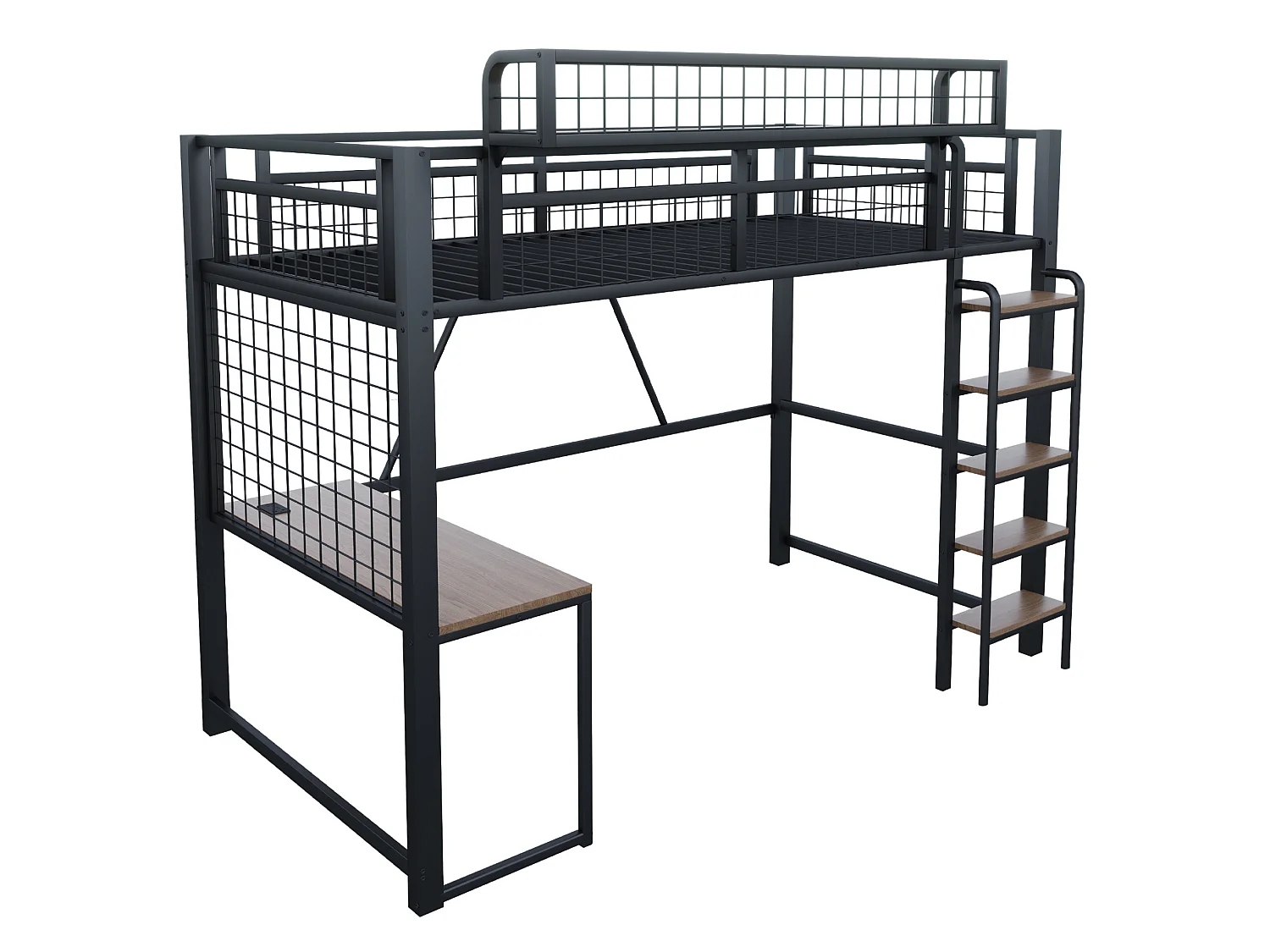 Lit mezzanine 90x200 cm en métal noir avec bureau, LED et prise, échelle et filet de rangement, sans matelas