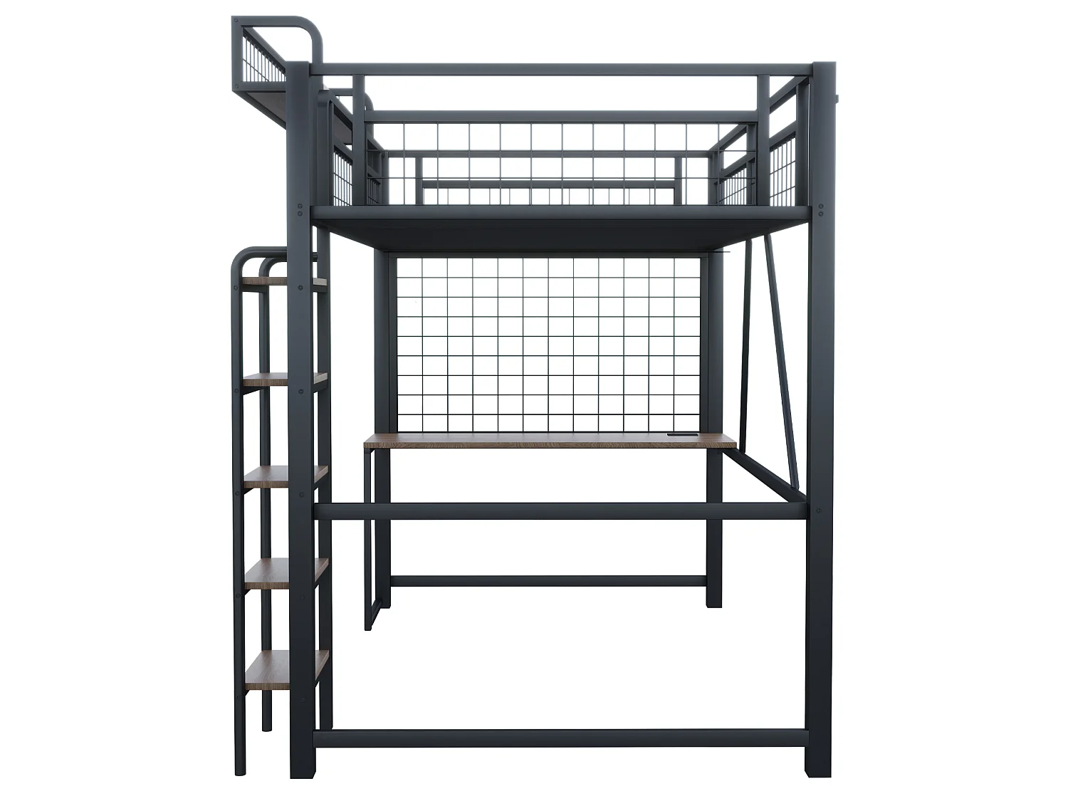 Lit mezzanine 90x200 cm en métal noir avec bureau, LED et prise, échelle et filet de rangement, sans matelas
