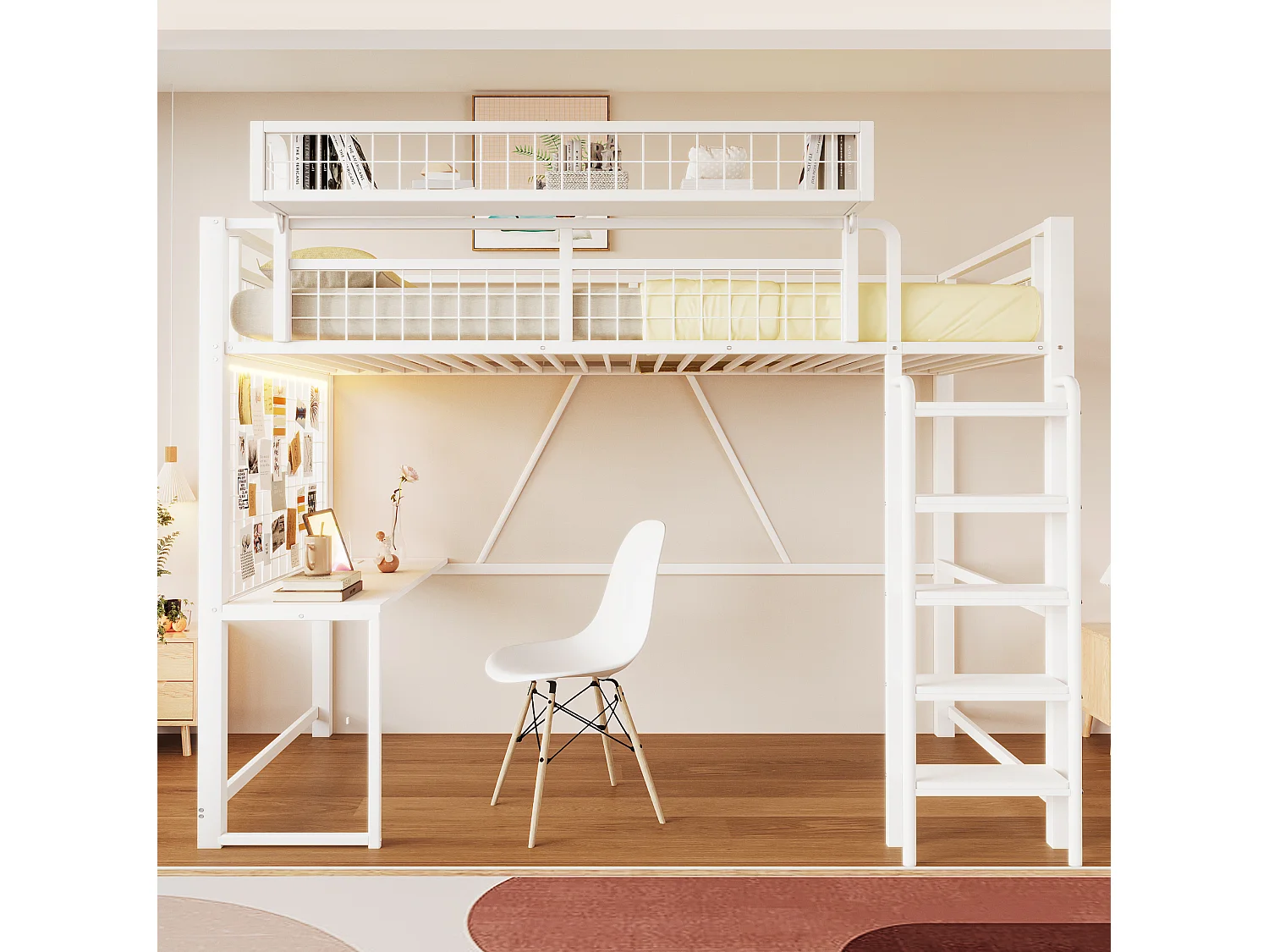Lit mezzanine 90x200 cm en métal blanc avec bureau, LED et prise, échelle et filet de rangement, sans matelas