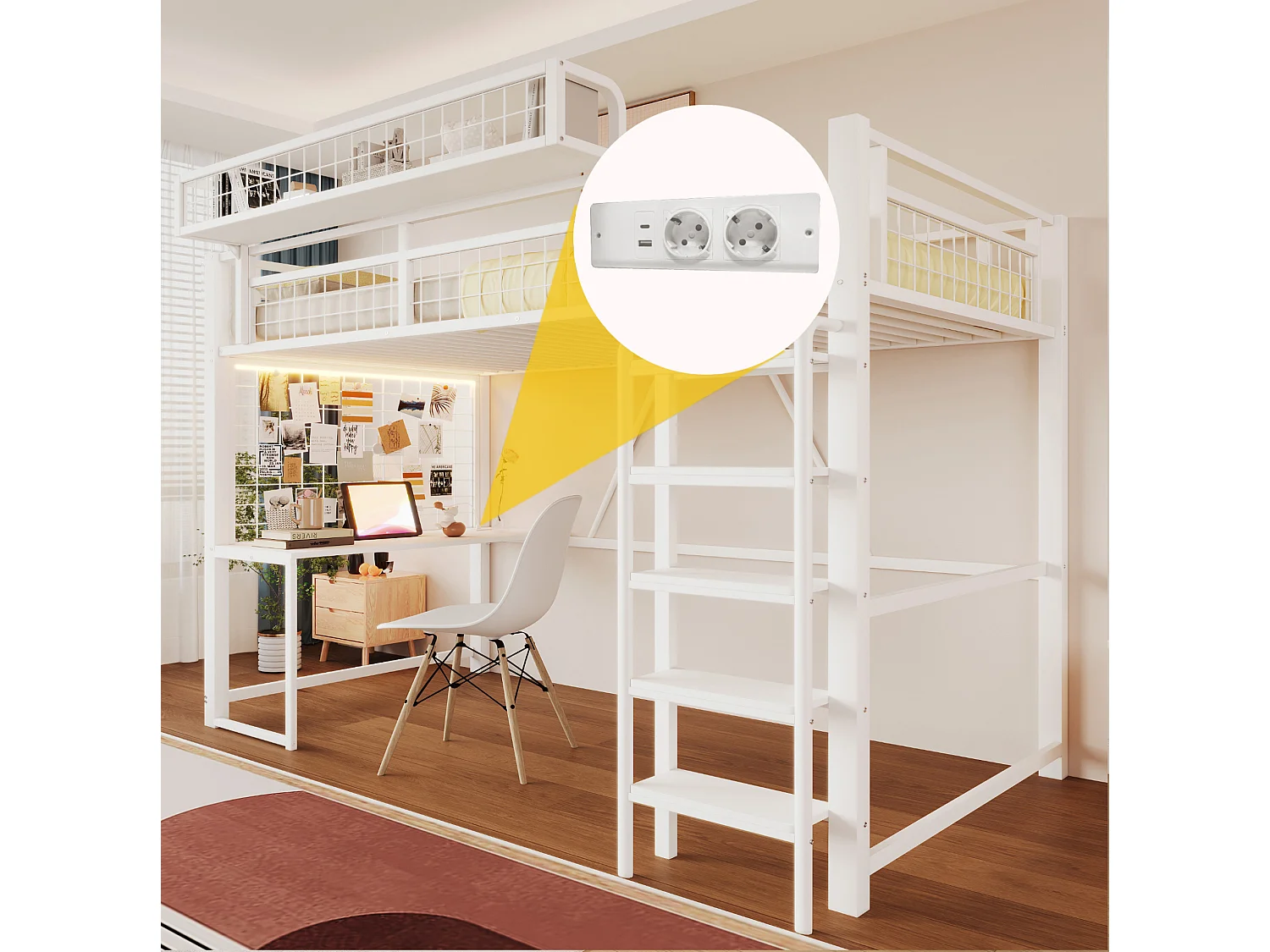 Lit mezzanine 90x200 cm en métal blanc avec bureau, LED et prise, échelle et filet de rangement, sans matelas