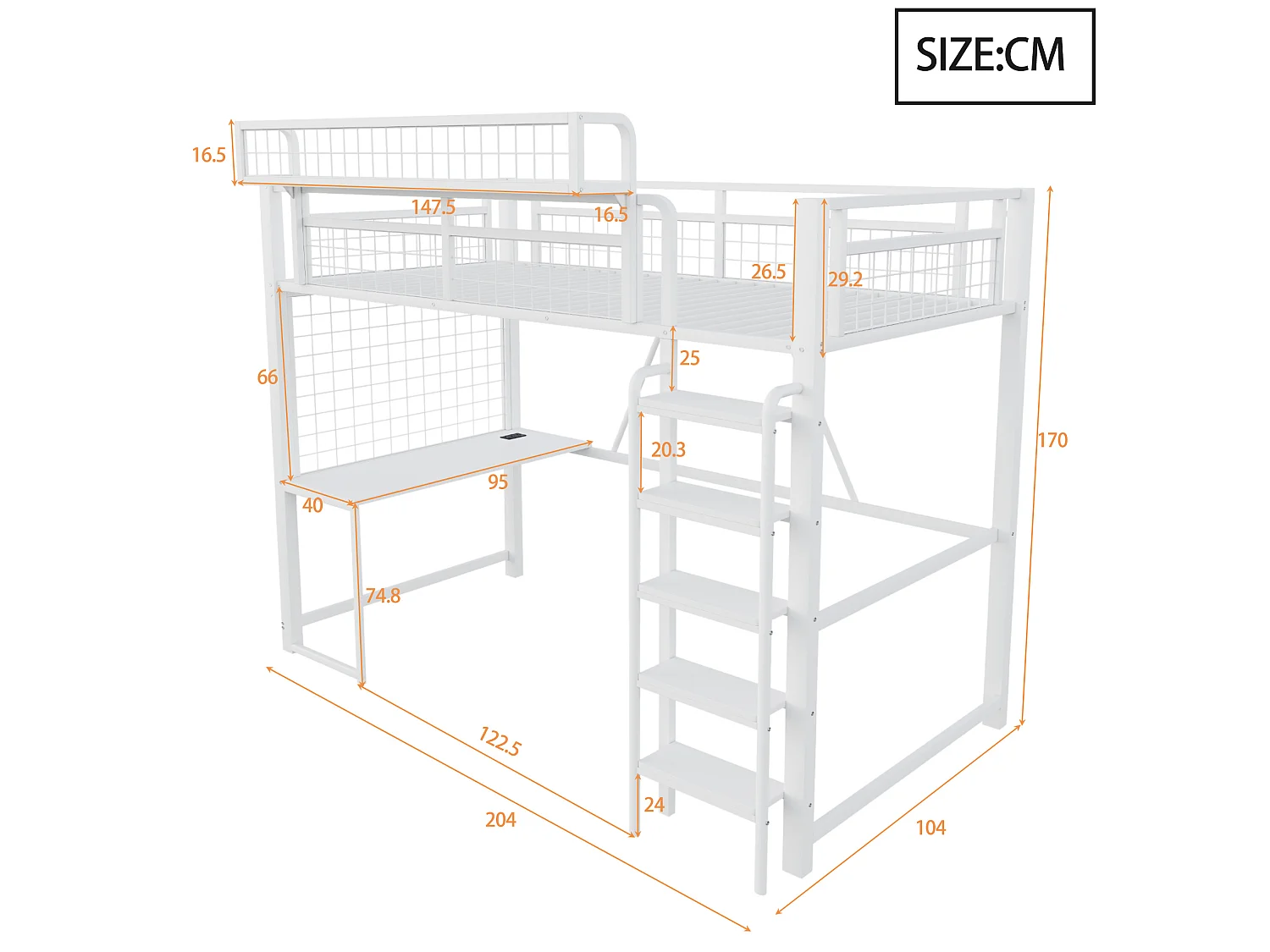 Lit mezzanine 90x200 cm en métal blanc avec bureau, LED et prise, échelle et filet de rangement, sans matelas