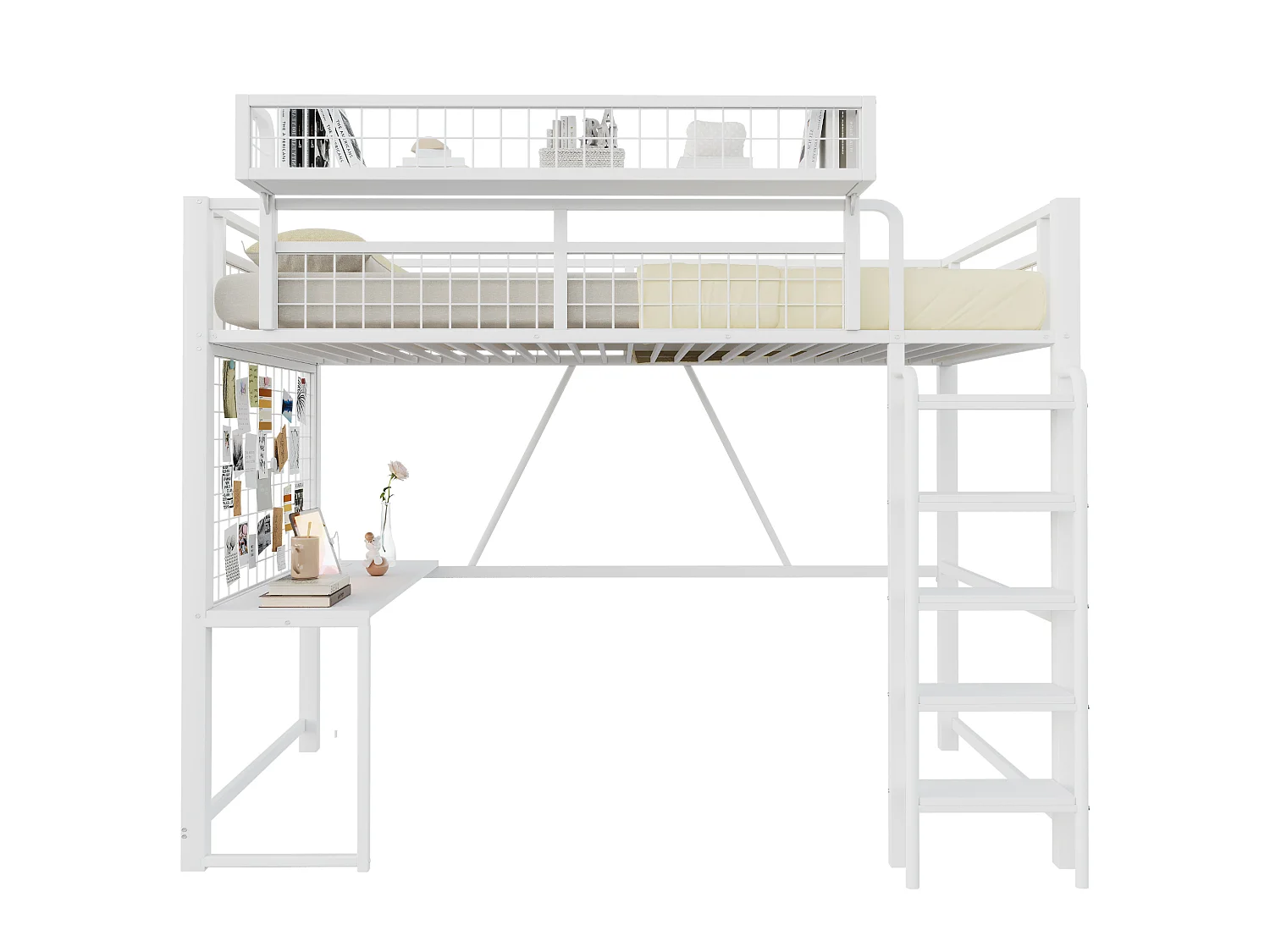 Lit mezzanine 90x200 cm en métal blanc avec bureau, LED et prise, échelle et filet de rangement, sans matelas
