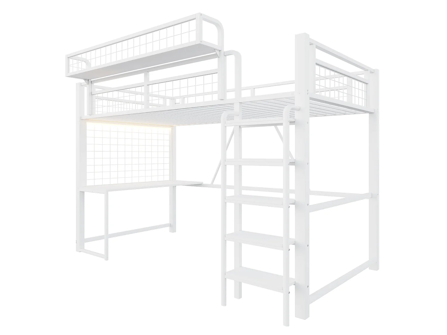 Lit mezzanine 90x200 cm en métal blanc avec bureau, LED et prise, échelle et filet de rangement, sans matelas