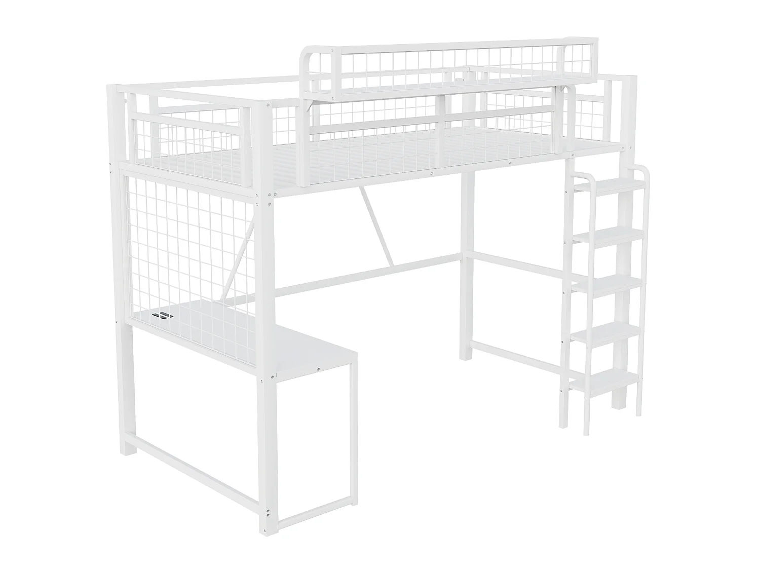 Lit mezzanine 90x200 cm en métal blanc avec bureau, LED et prise, échelle et filet de rangement, sans matelas