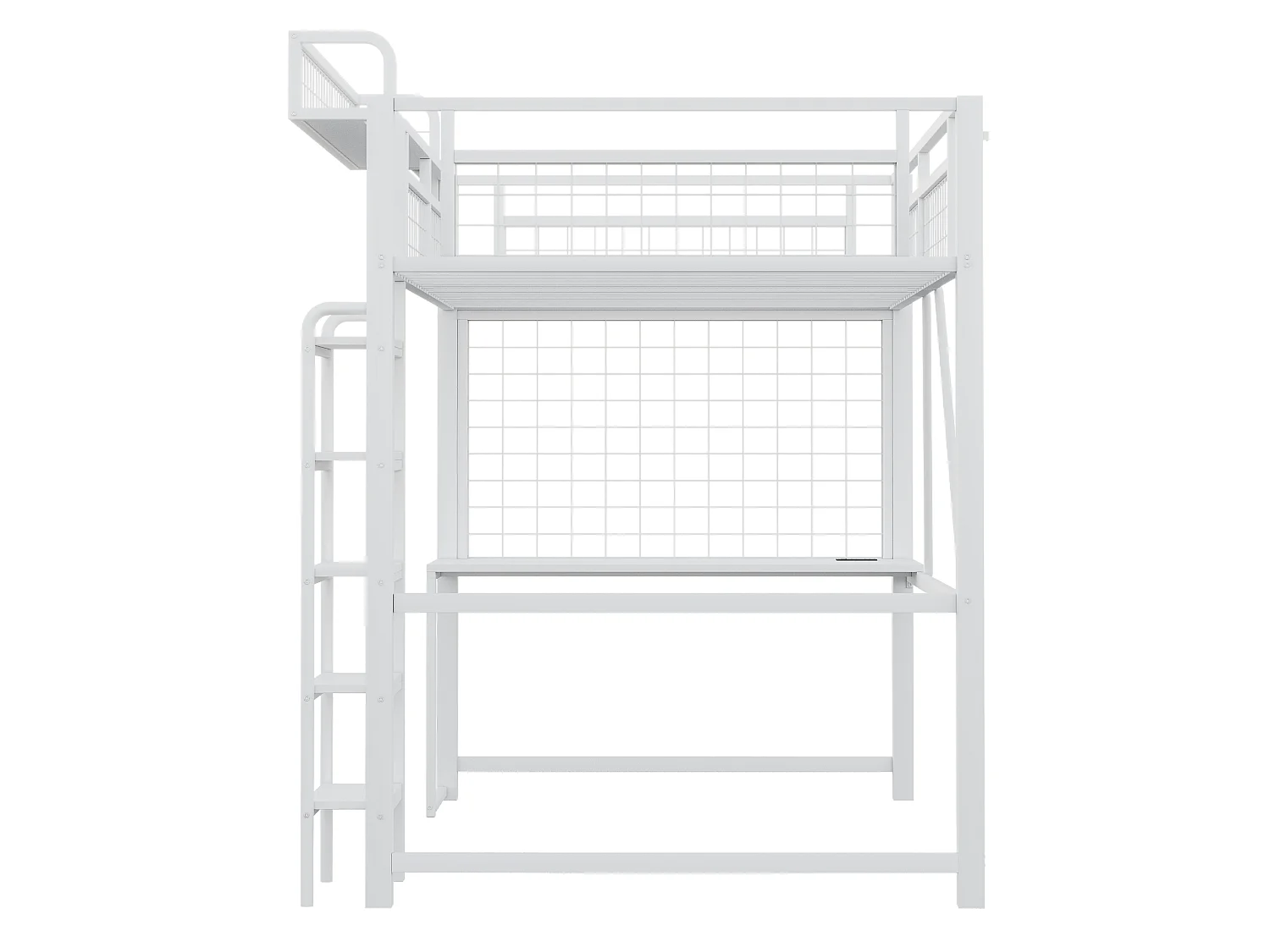Lit mezzanine 90x200 cm en métal blanc avec bureau, LED et prise, échelle et filet de rangement, sans matelas