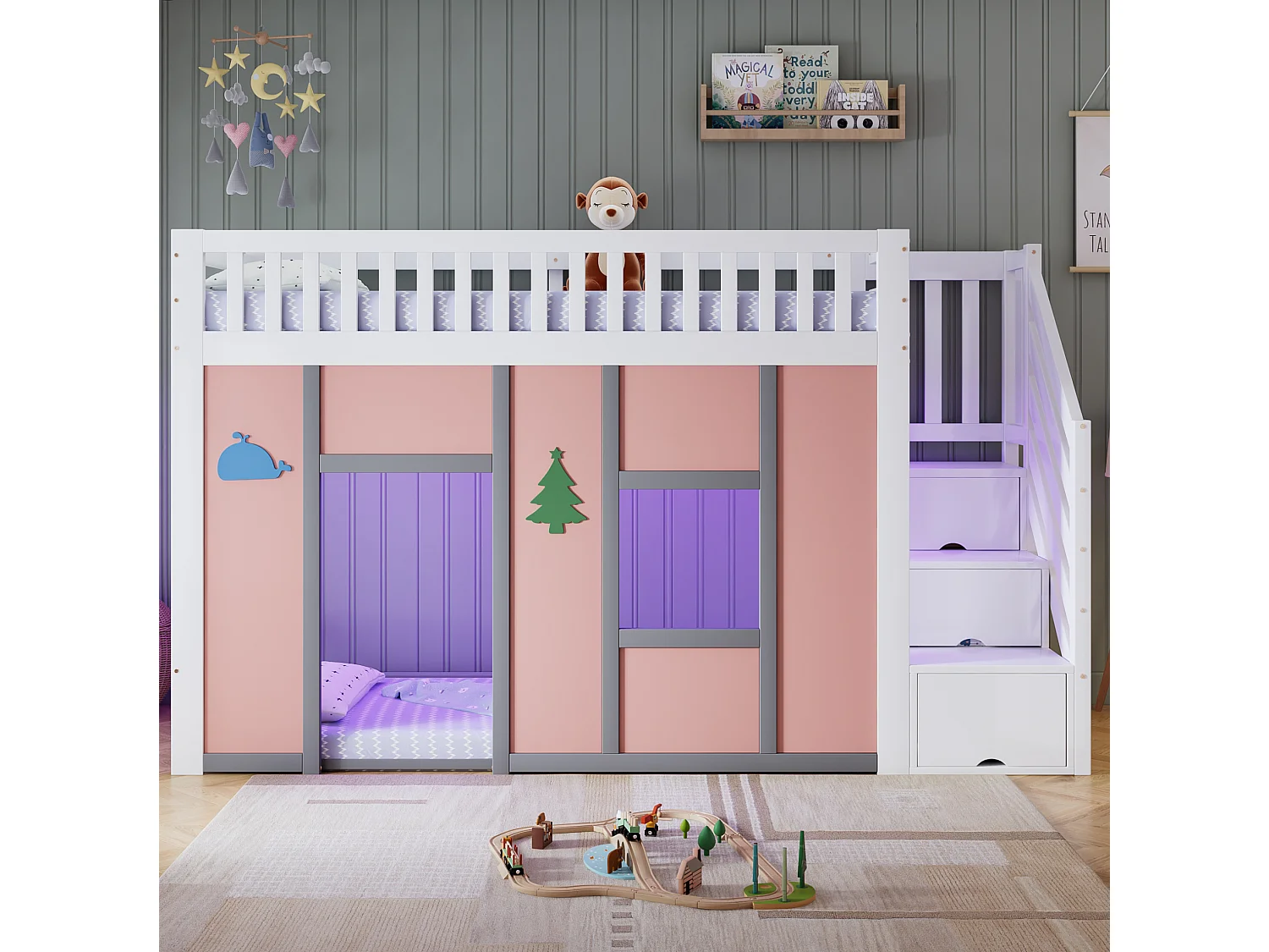 Lit mezzanine enfant 90x200 cm en bois blanc et rose, escalier de rangement, éclairage LED et espace de jeu, sans matelas