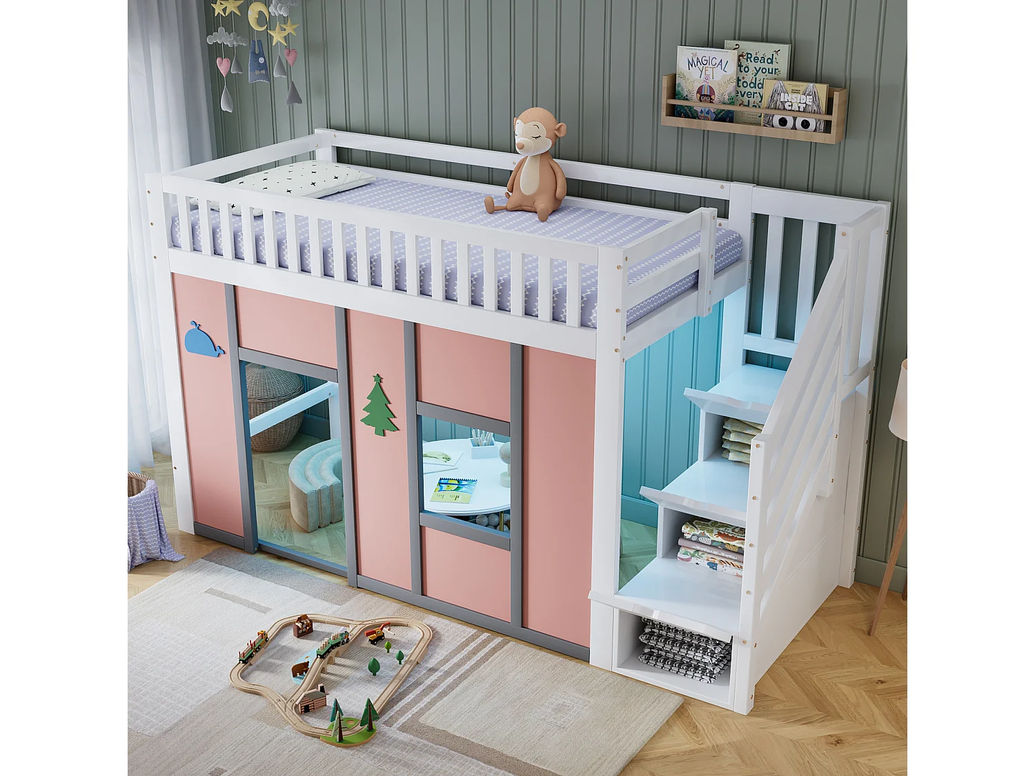 Lit mezzanine enfant 90x200 cm en bois blanc et rose, escalier de rangement, éclairage LED et espace de jeu, sans matelas
