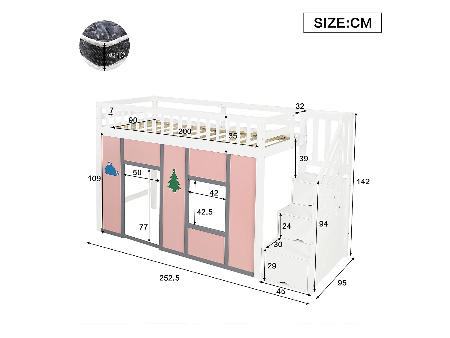 Lit mezzanine enfant 90x200 cm en bois blanc et rose, escalier de rangement, éclairage LED et espace de jeu, sans matelas