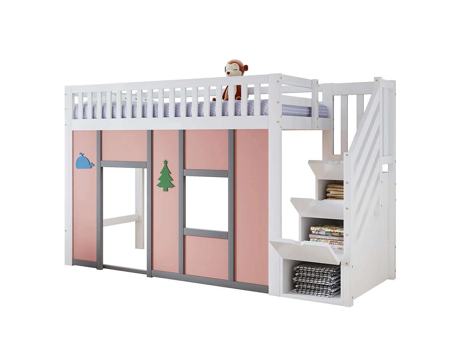 Lit mezzanine enfant 90x200 cm en bois blanc et rose, escalier de rangement, éclairage LED et espace de jeu, sans matelas