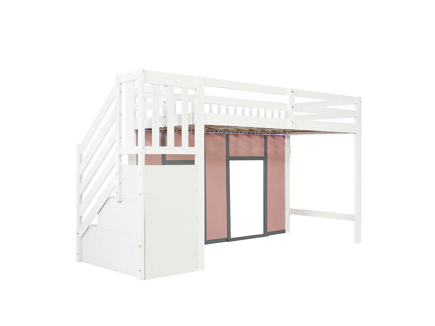 Lit mezzanine enfant 90x200 cm en bois blanc et rose, escalier de rangement, éclairage LED et espace de jeu, sans matelas