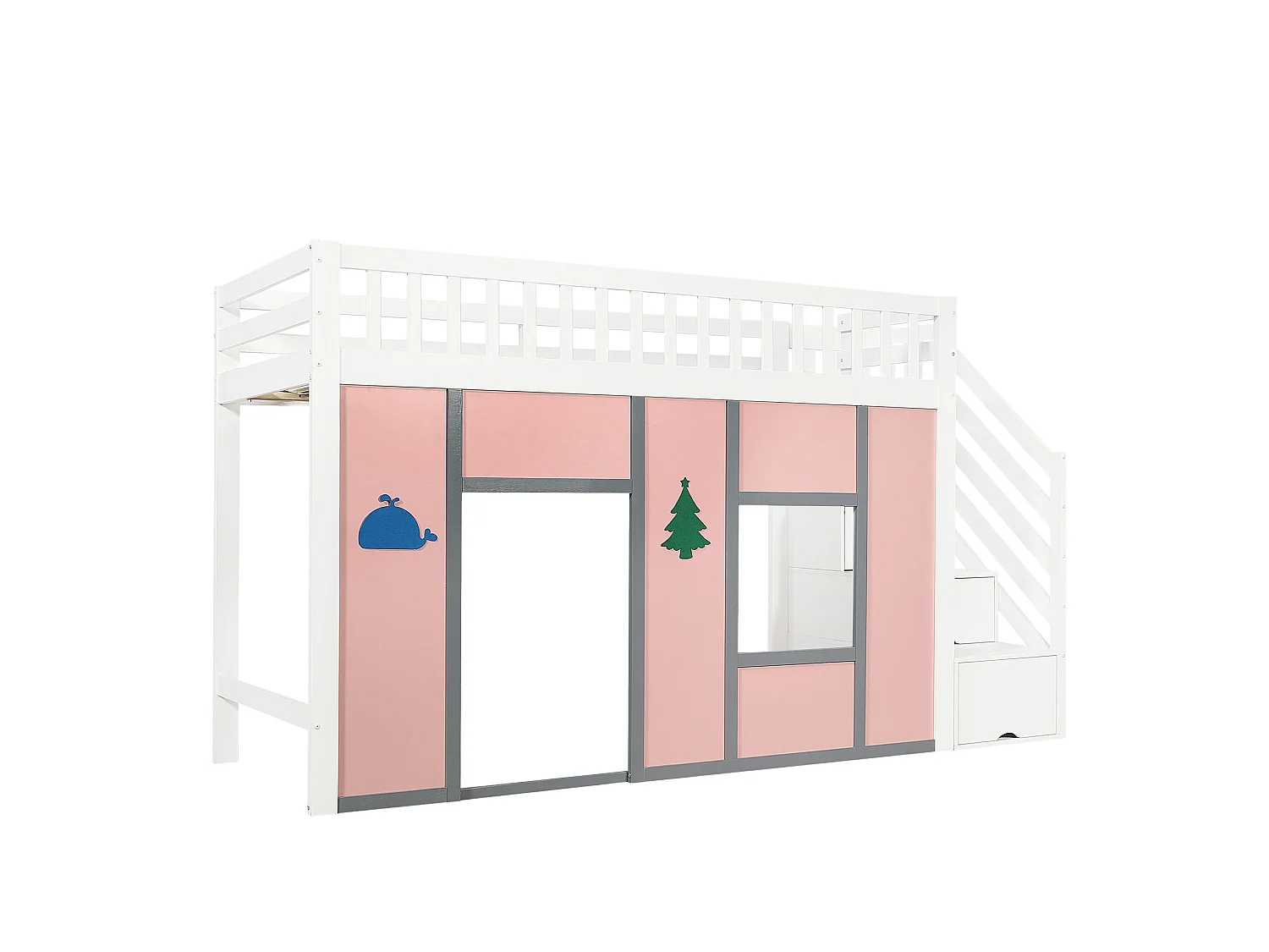 Lit mezzanine enfant 90x200 cm en bois blanc et rose, escalier de rangement, éclairage LED et espace de jeu, sans matelas