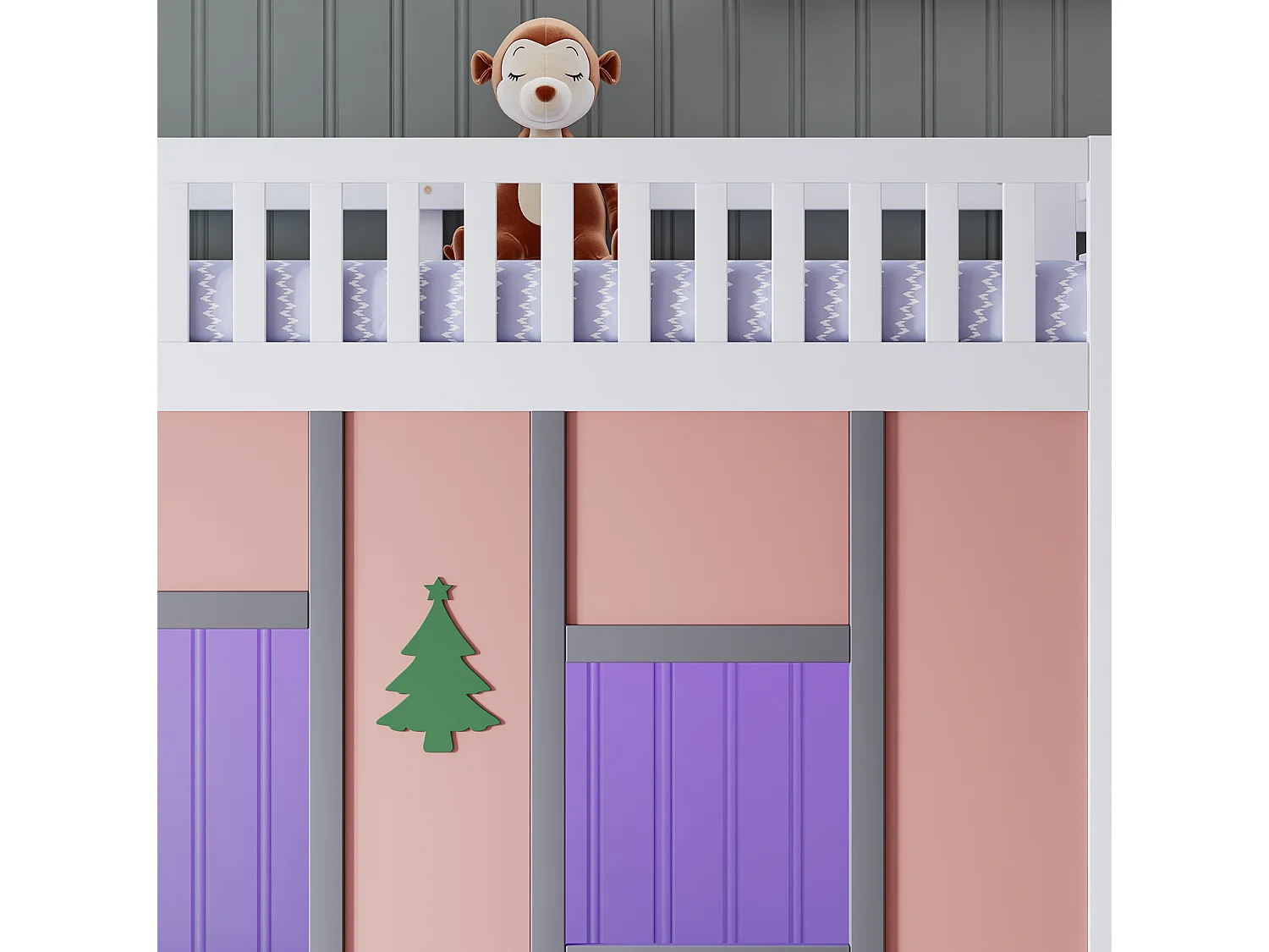 Lit mezzanine enfant 90x200 cm en bois blanc et rose, escalier de rangement, éclairage LED et espace de jeu, sans matelas