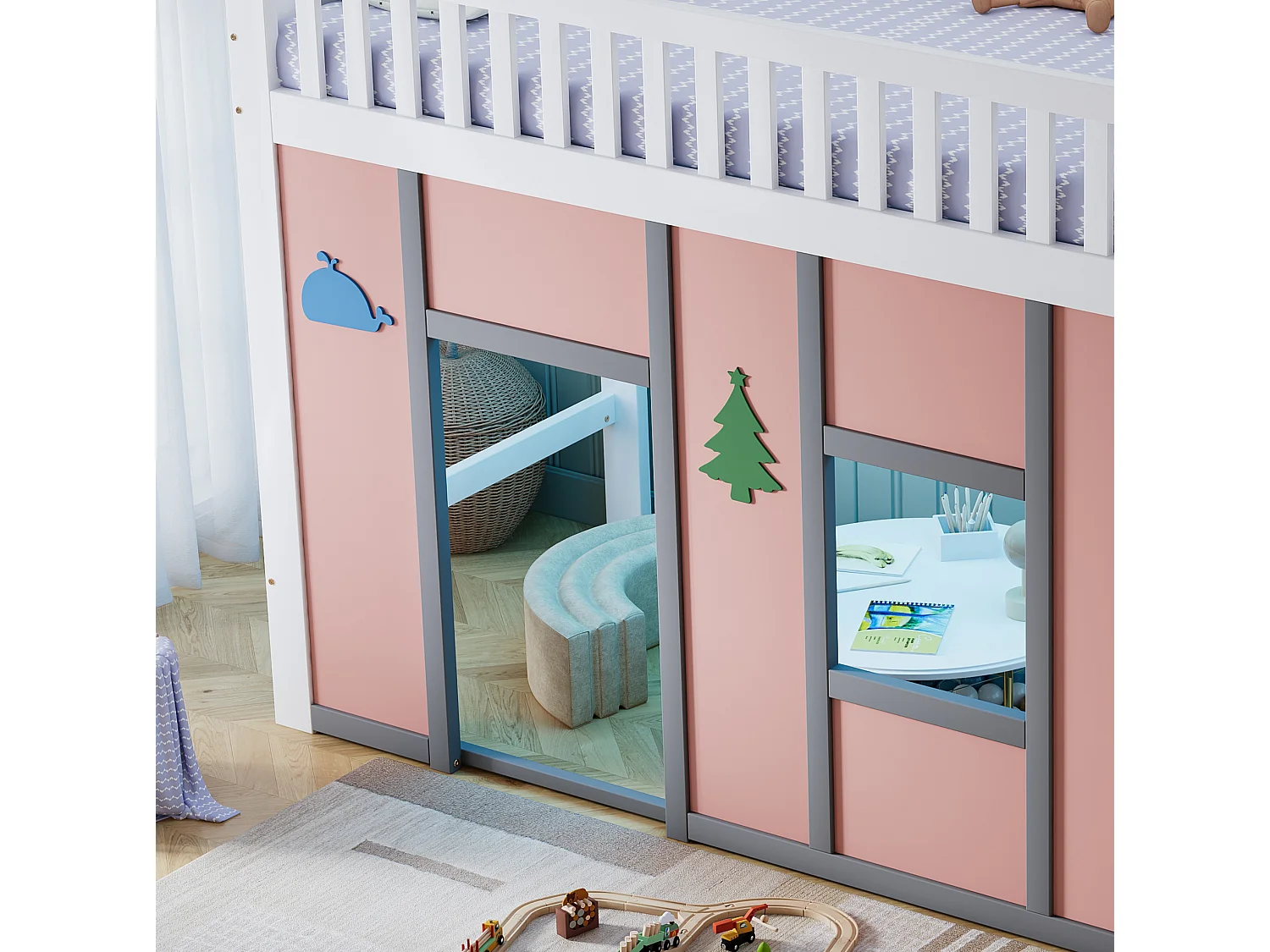 Lit mezzanine enfant 90x200 cm en bois blanc et rose, escalier de rangement, éclairage LED et espace de jeu, sans matelas