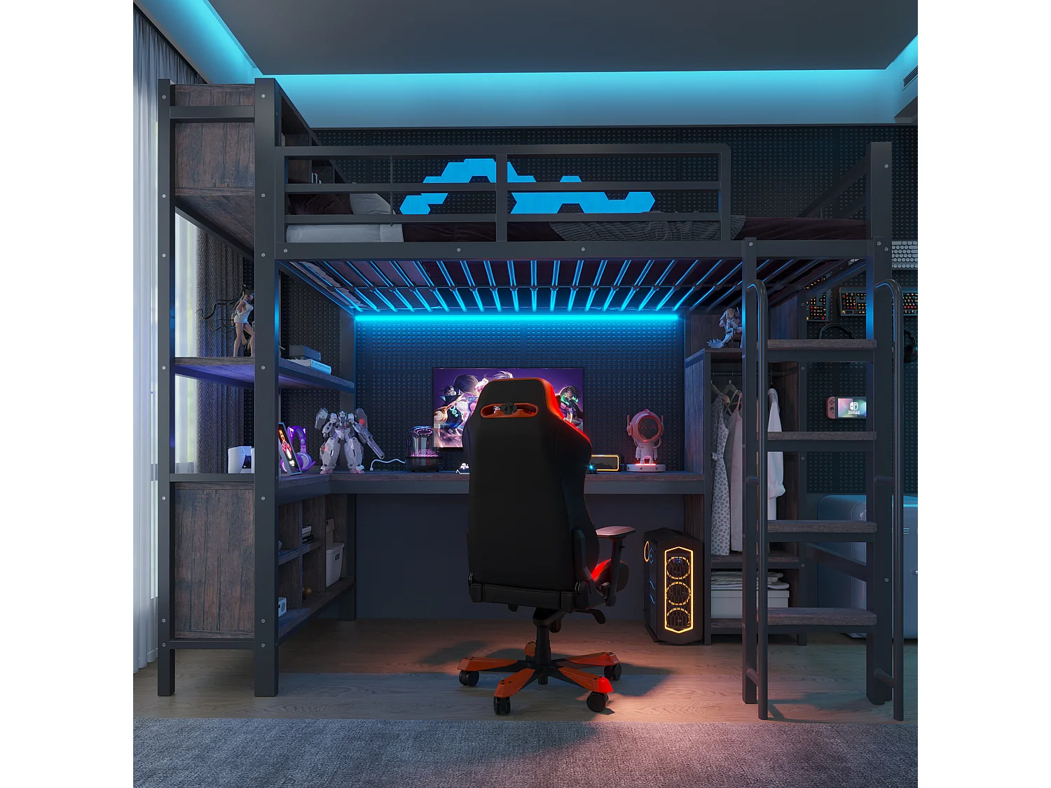 Lit mezzanine 90x200 cm en métal noir avec bureau, armoire et rangements, éclairage LED et prises EU, sans matelas