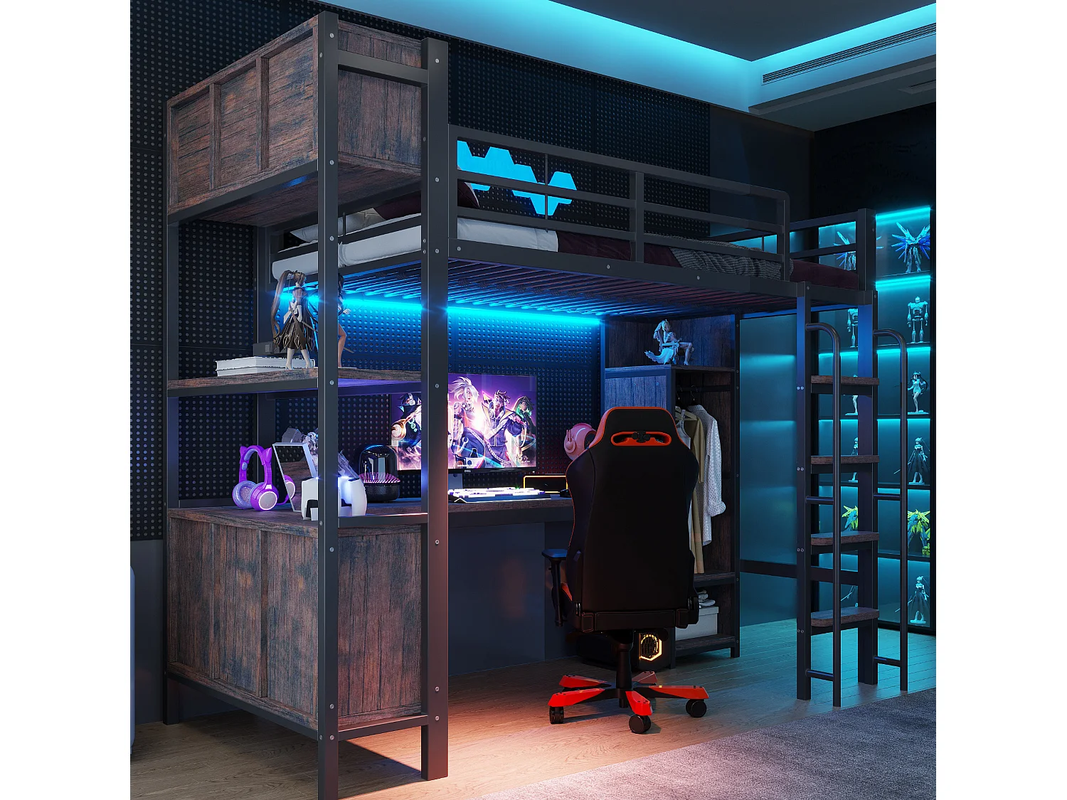 Lit mezzanine 90x200 cm en métal noir avec bureau, armoire et rangements, éclairage LED et prises EU, sans matelas