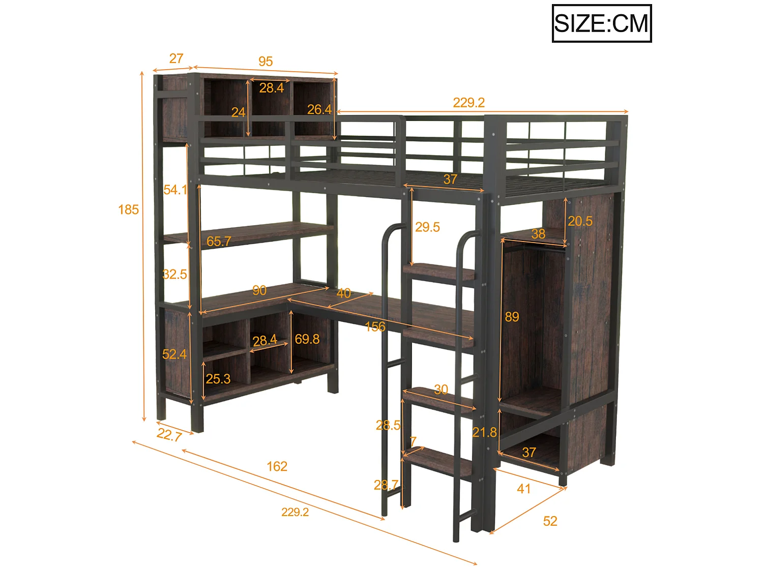 Lit mezzanine 90x200 cm en métal noir avec bureau, armoire et rangements, éclairage LED et prises EU, sans matelas