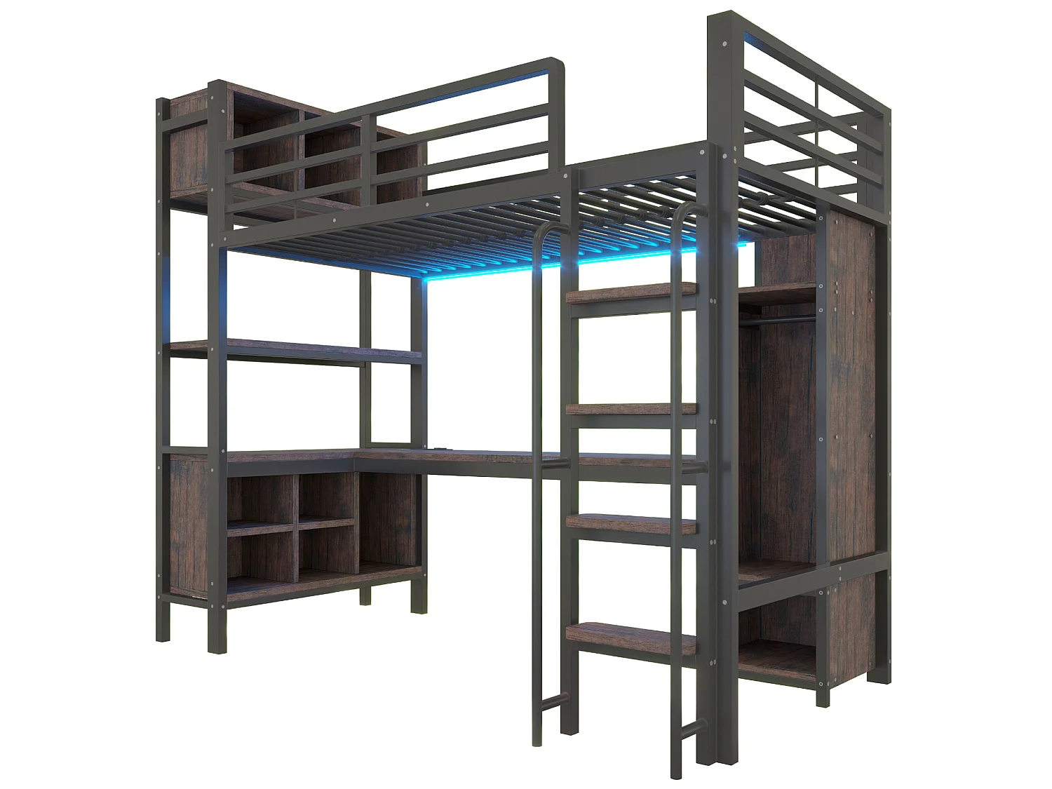 Lit mezzanine 90x200 cm en métal noir avec bureau, armoire et rangements, éclairage LED et prises EU, sans matelas