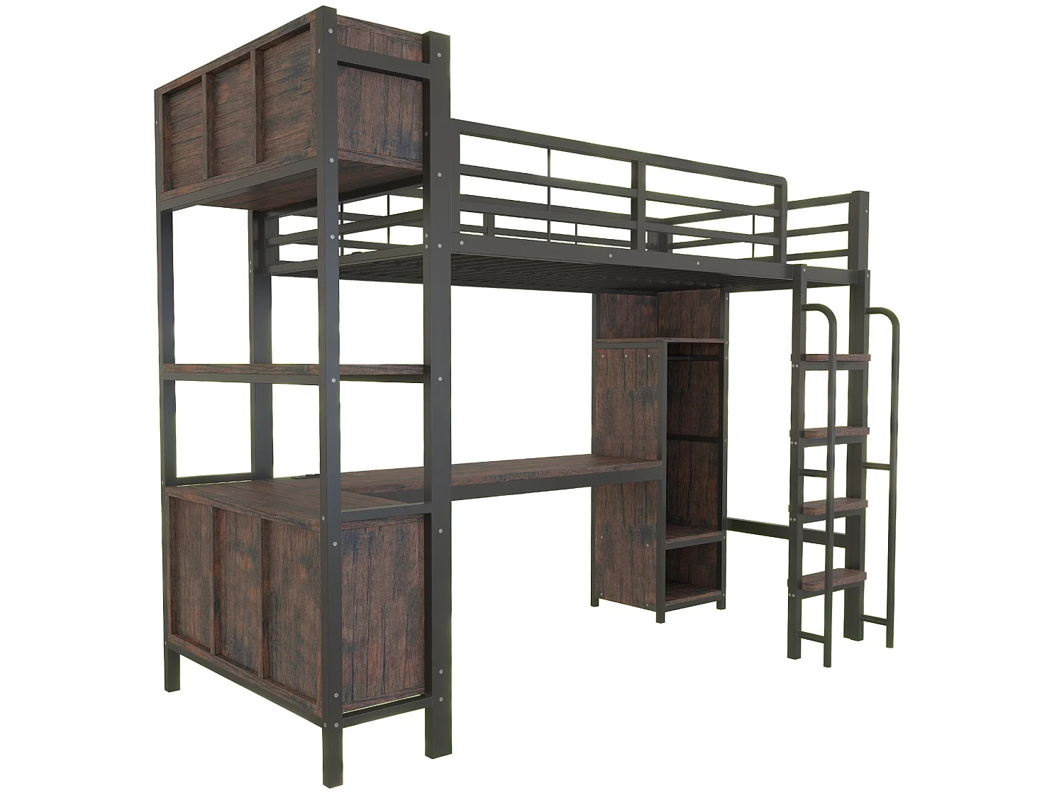 Lit mezzanine 90x200 cm en métal noir avec bureau, armoire et rangements, éclairage LED et prises EU, sans matelas
