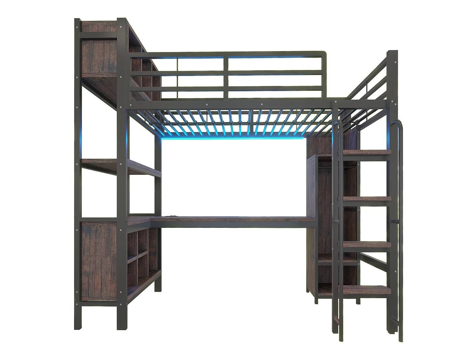 Lit mezzanine 90x200 cm en métal noir avec bureau, armoire et rangements, éclairage LED et prises EU, sans matelas