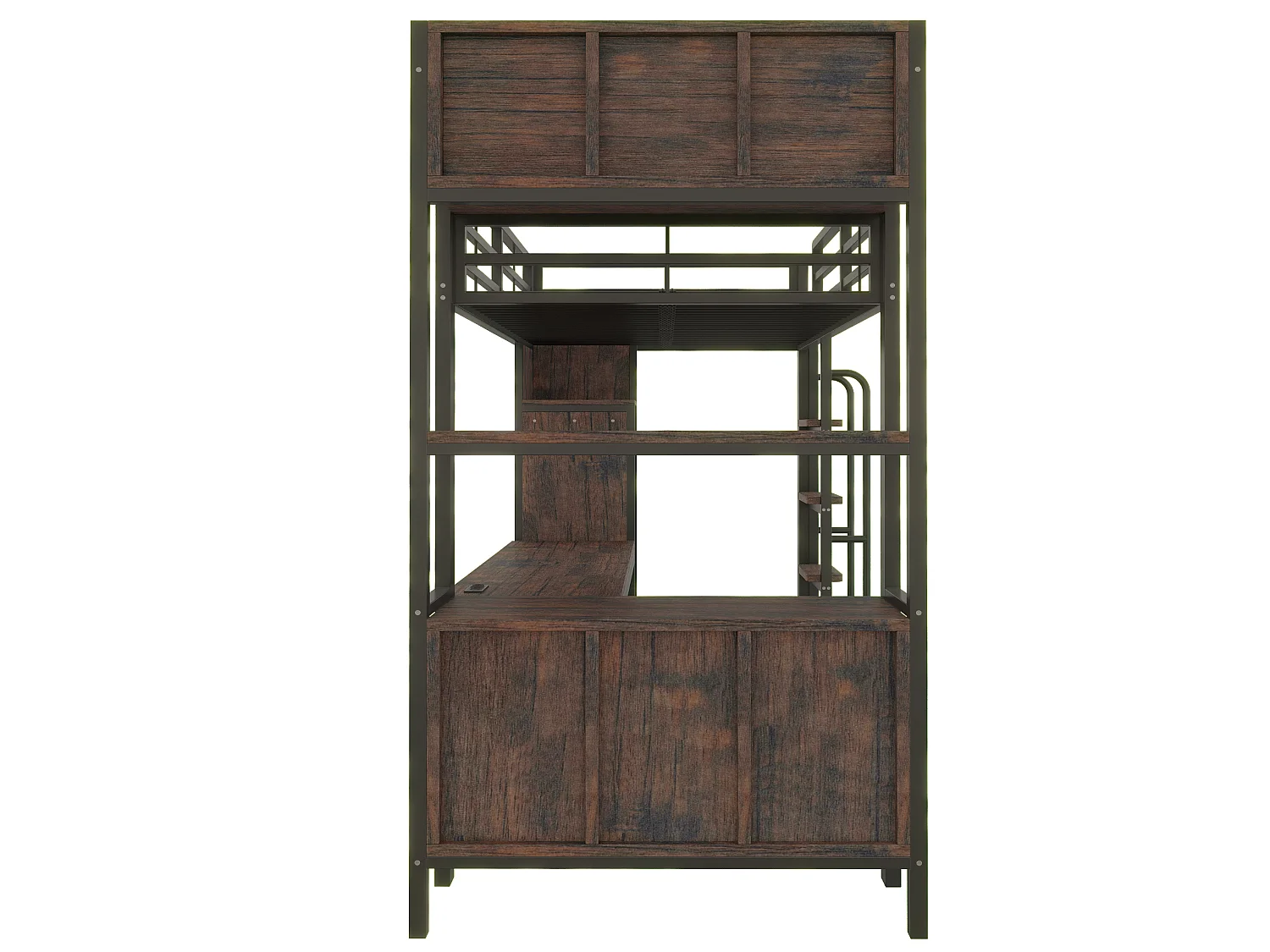 Lit mezzanine 90x200 cm en métal noir avec bureau, armoire et rangements, éclairage LED et prises EU, sans matelas