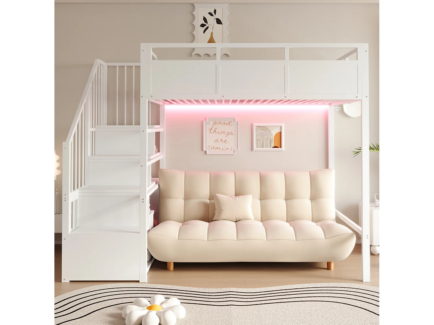 Lit mezzanine 90x200 cm en métal blanc avec éclairage LED, échelle réversible et rangements, sans matelas