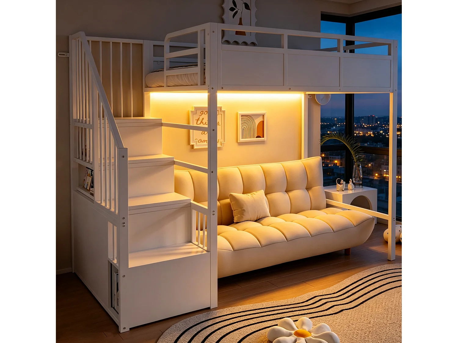 Lit mezzanine 90x200 cm en métal blanc avec éclairage LED, échelle réversible et rangements, sans matelas
