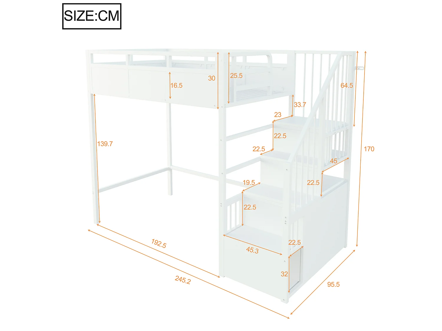 Lit mezzanine 90x200 cm en métal blanc avec éclairage LED, échelle réversible et rangements, sans matelas