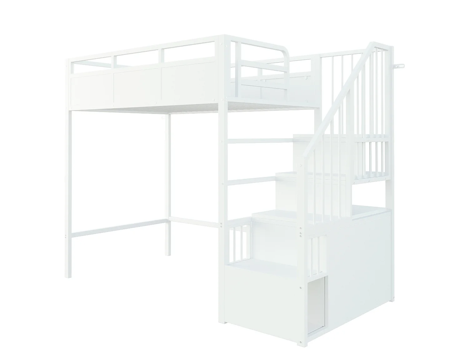 Lit mezzanine 90x200 cm en métal blanc avec éclairage LED, échelle réversible et rangements, sans matelas
