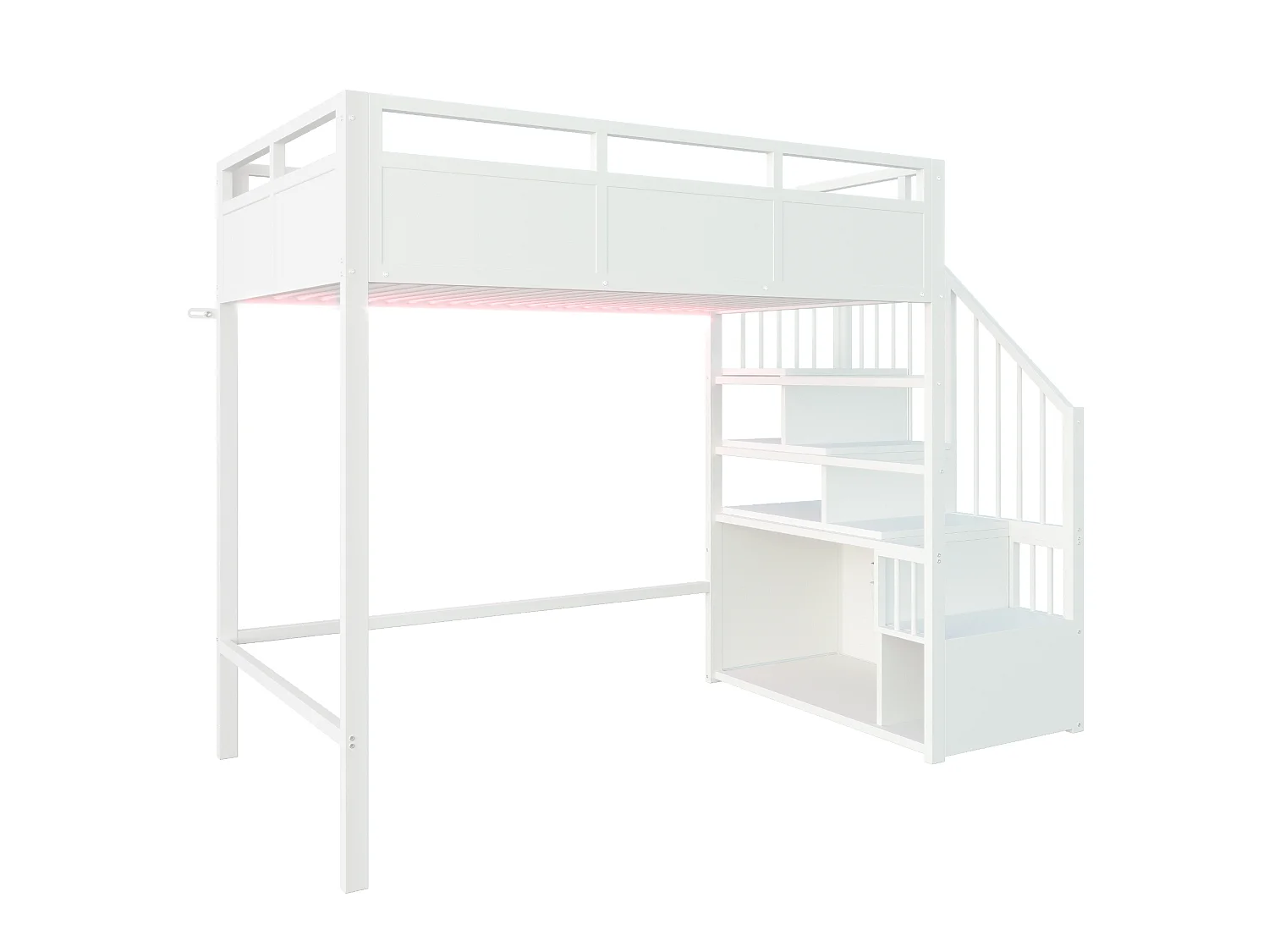 Lit mezzanine 90x200 cm en métal blanc avec éclairage LED, échelle réversible et rangements, sans matelas