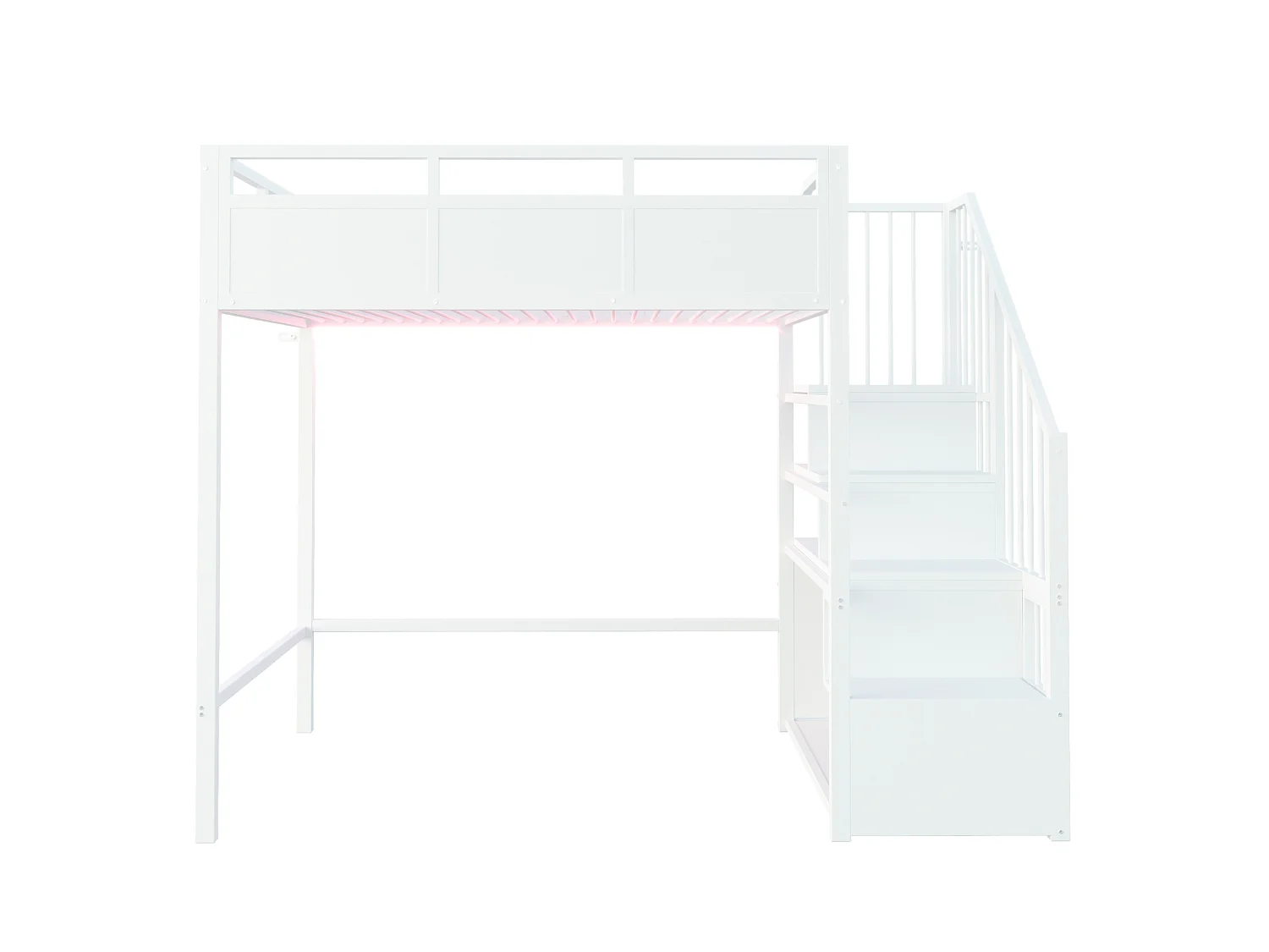 Lit mezzanine 90x200 cm en métal blanc avec éclairage LED, échelle réversible et rangements, sans matelas