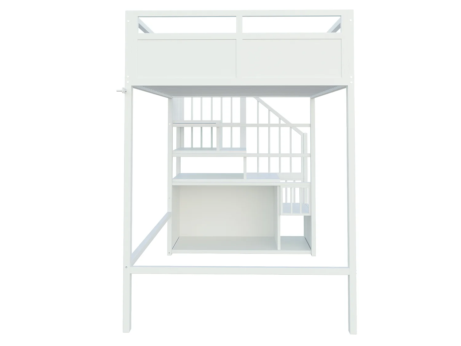Lit mezzanine 90x200 cm en métal blanc avec éclairage LED, échelle réversible et rangements, sans matelas