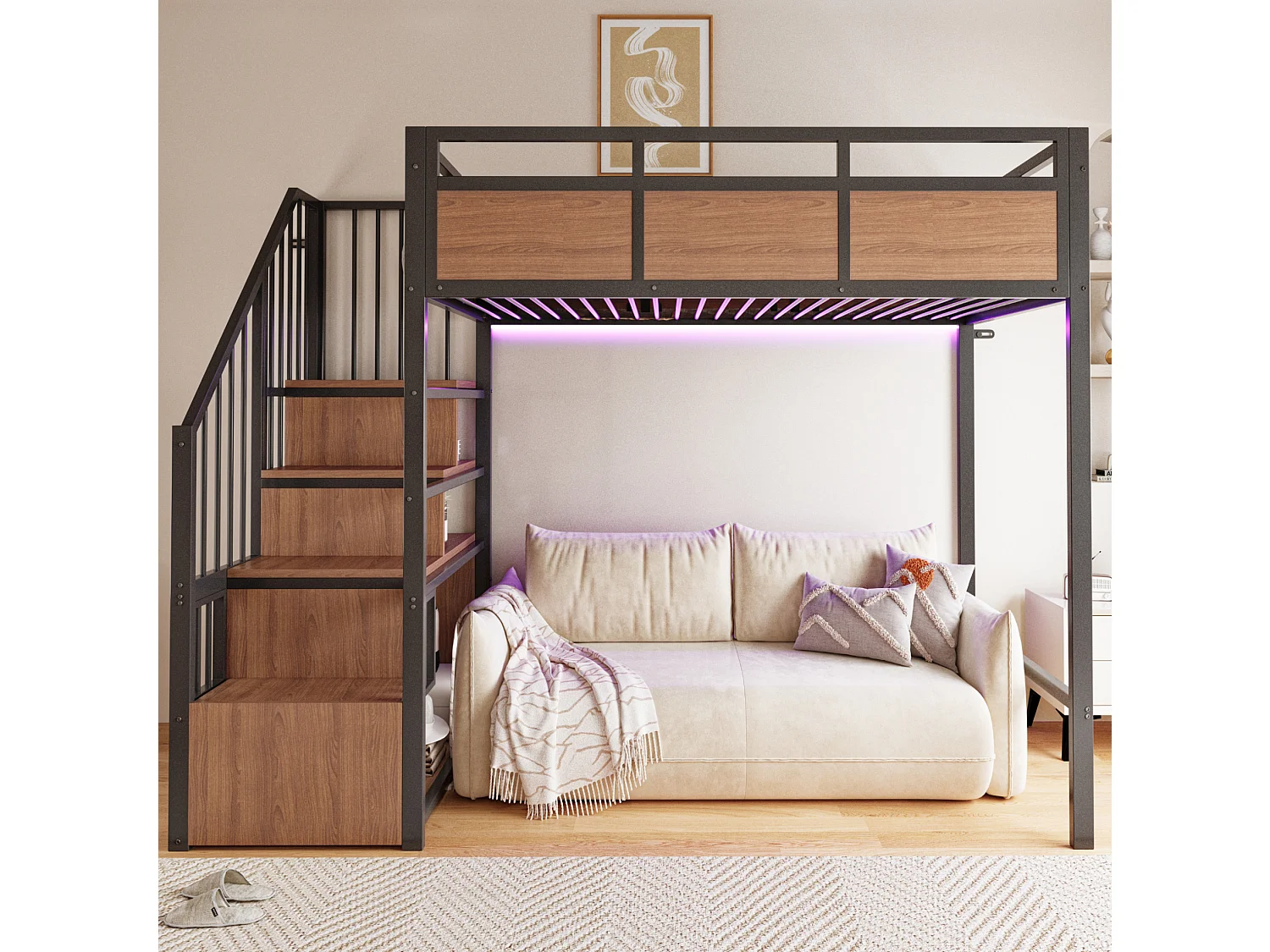 Lit mezzanine 90x200 cm en métal noir avec éclairage LED, échelle réversible et rangements, sans matelas
