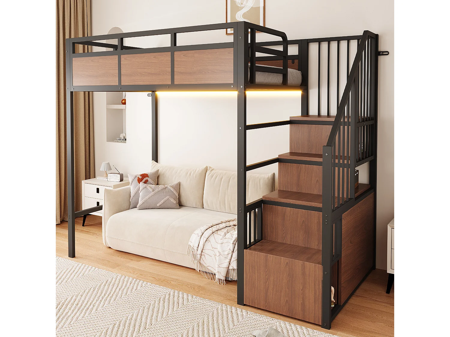 Lit mezzanine 90x200 cm en métal noir avec éclairage LED, échelle réversible et rangements, sans matelas