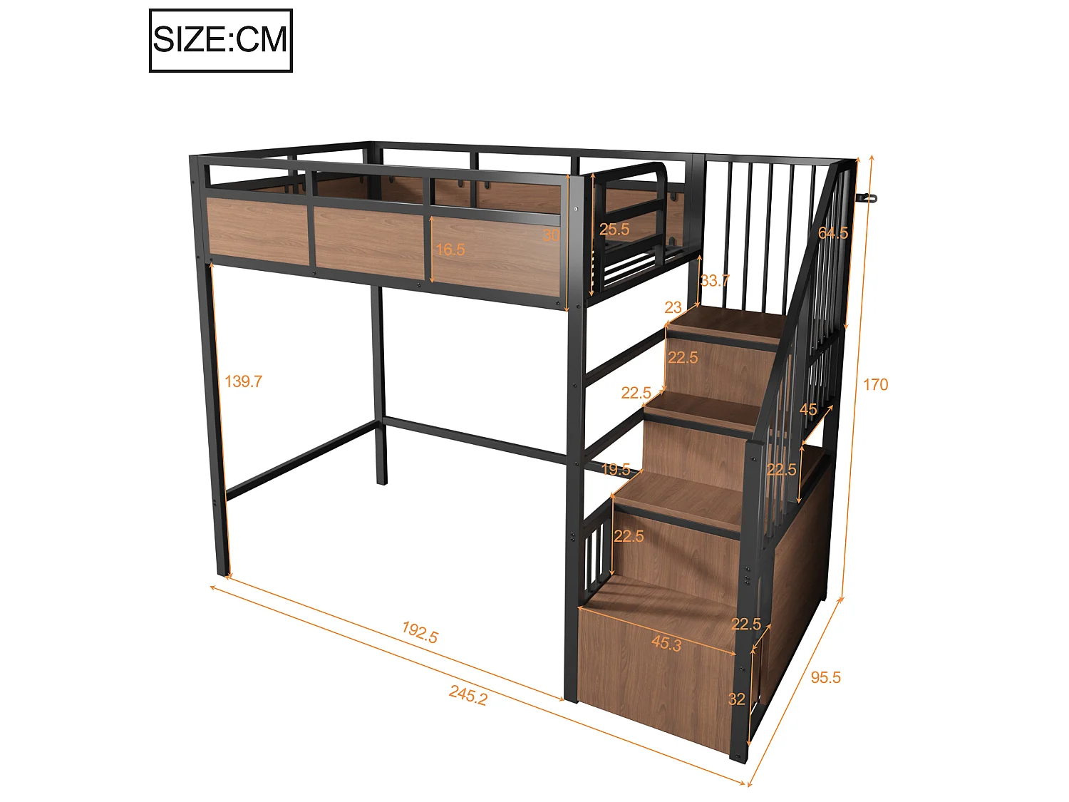Lit mezzanine 90x200 cm en métal noir avec éclairage LED, échelle réversible et rangements, sans matelas