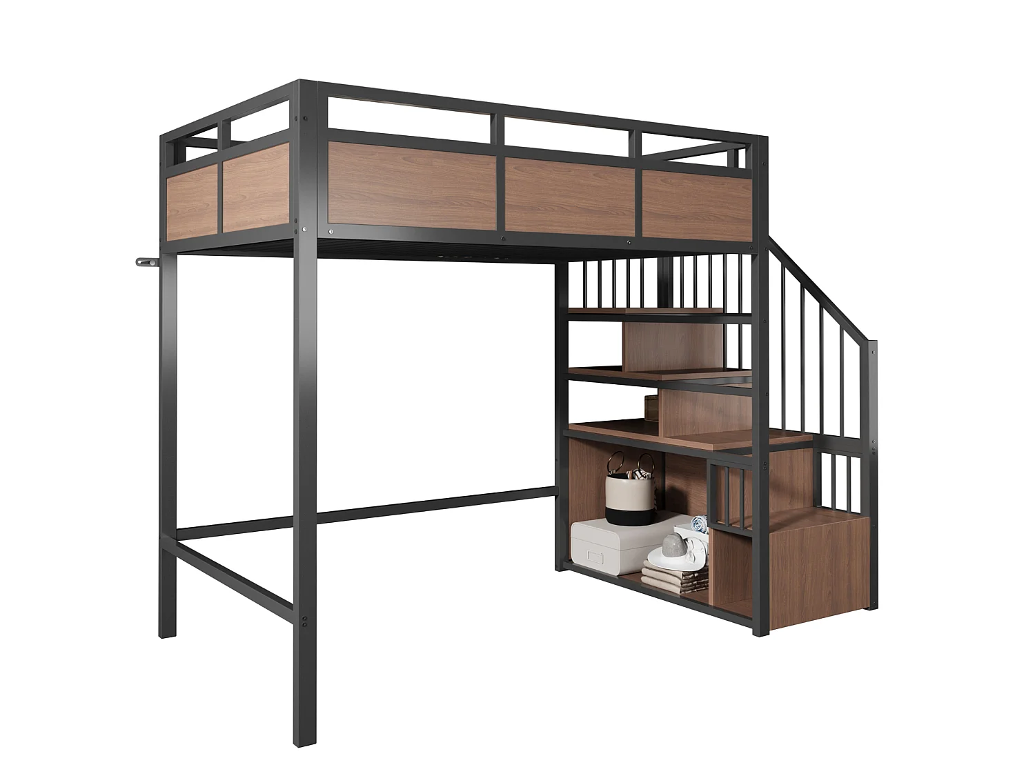 Lit mezzanine 90x200 cm en métal noir avec éclairage LED, échelle réversible et rangements, sans matelas