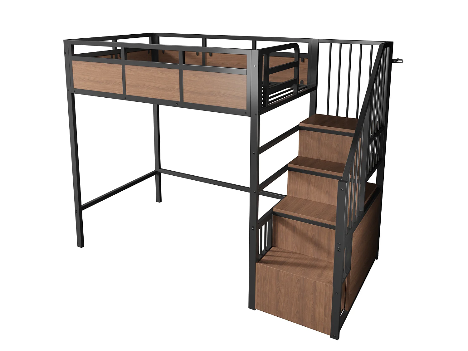 Lit mezzanine 90x200 cm en métal noir avec éclairage LED, échelle réversible et rangements, sans matelas