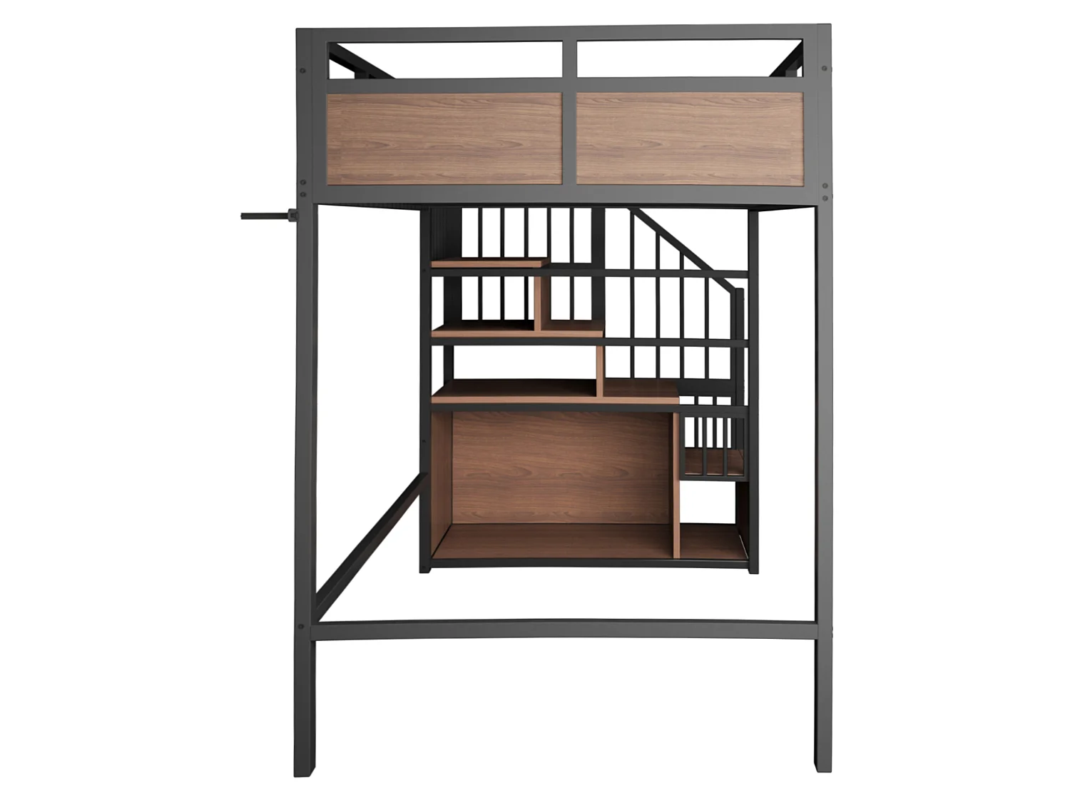 Lit mezzanine 90x200 cm en métal noir avec éclairage LED, échelle réversible et rangements, sans matelas