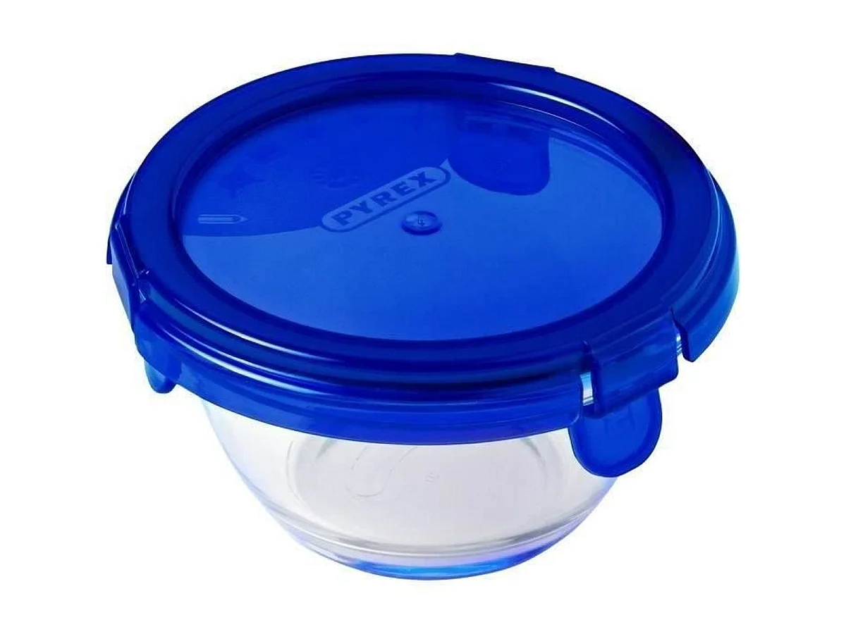 PYREX Cook & Go - Lot de 5 mini bols ronds en verre borosilicate 0,2 L avec couvercles étanches bleus