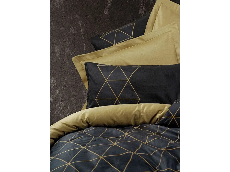 Housse de couette 140x200 cm en coton renforcé réversible Noir et Or - 2 taies 60x60 cm