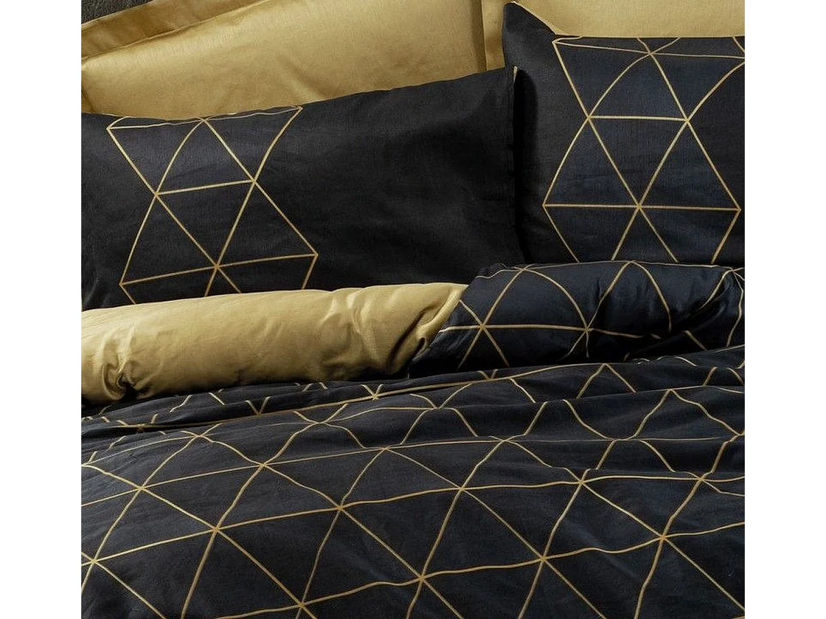 Housse de couette 140x200 cm en coton renforcé réversible Noir et Or - 2 taies 60x60 cm